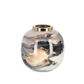 Runde Vase Marsha in Grau-Gold mit Marmormuster und goldenem Rand, modernes Wohnaccessoire