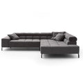 Modulares Ecksofa Wilson in Dunkelgrau mit Kissen und Metallbeinen von vorne.
