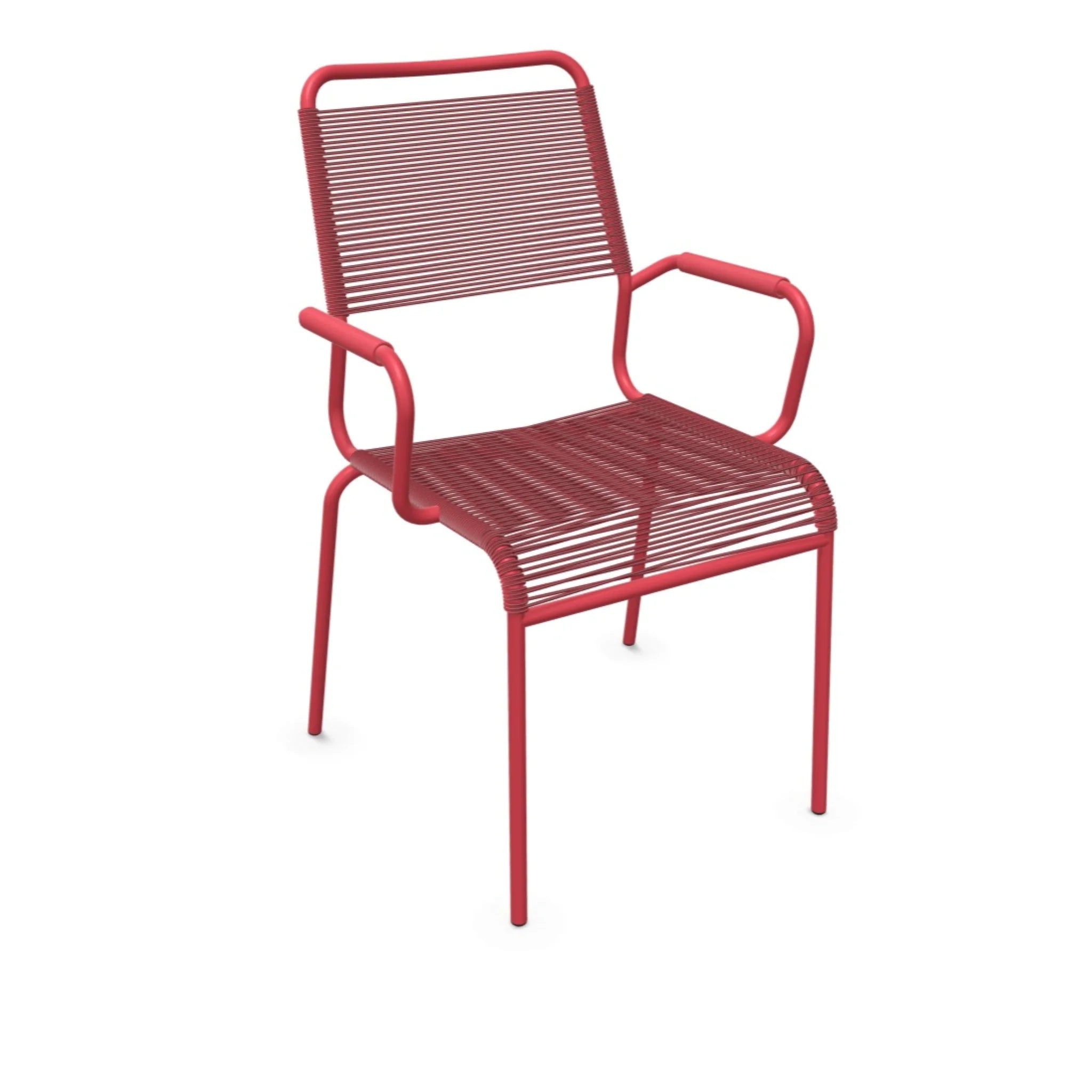 Roter Stapelstuhl mit Armlehnen und Kunststoffseilen, modernes Design für Garten und Terrasse