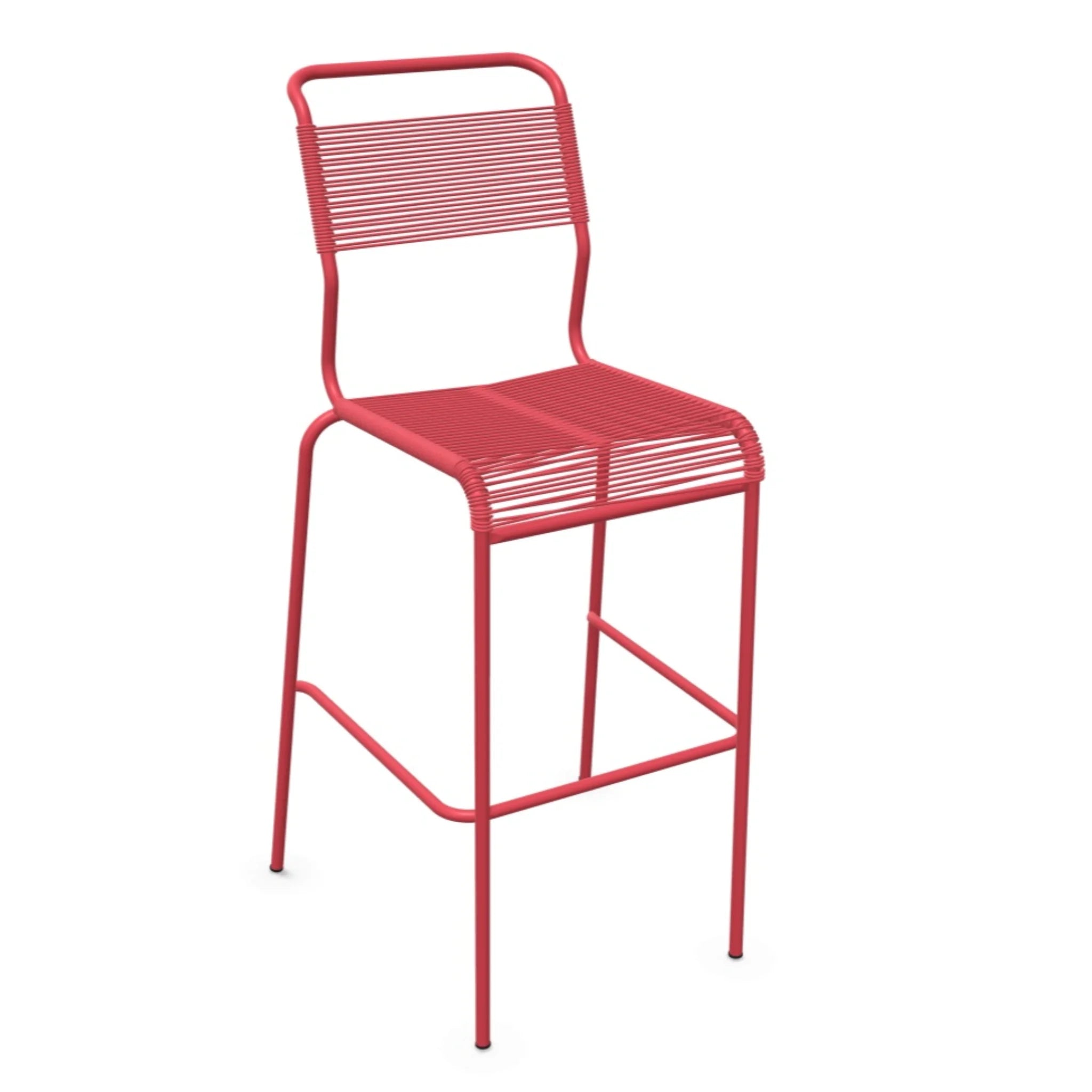 Roter Barhocker mit Metallrahmen und Sitzfläche aus Kunststoffschnüren, modernes Design für Küche und Bar.