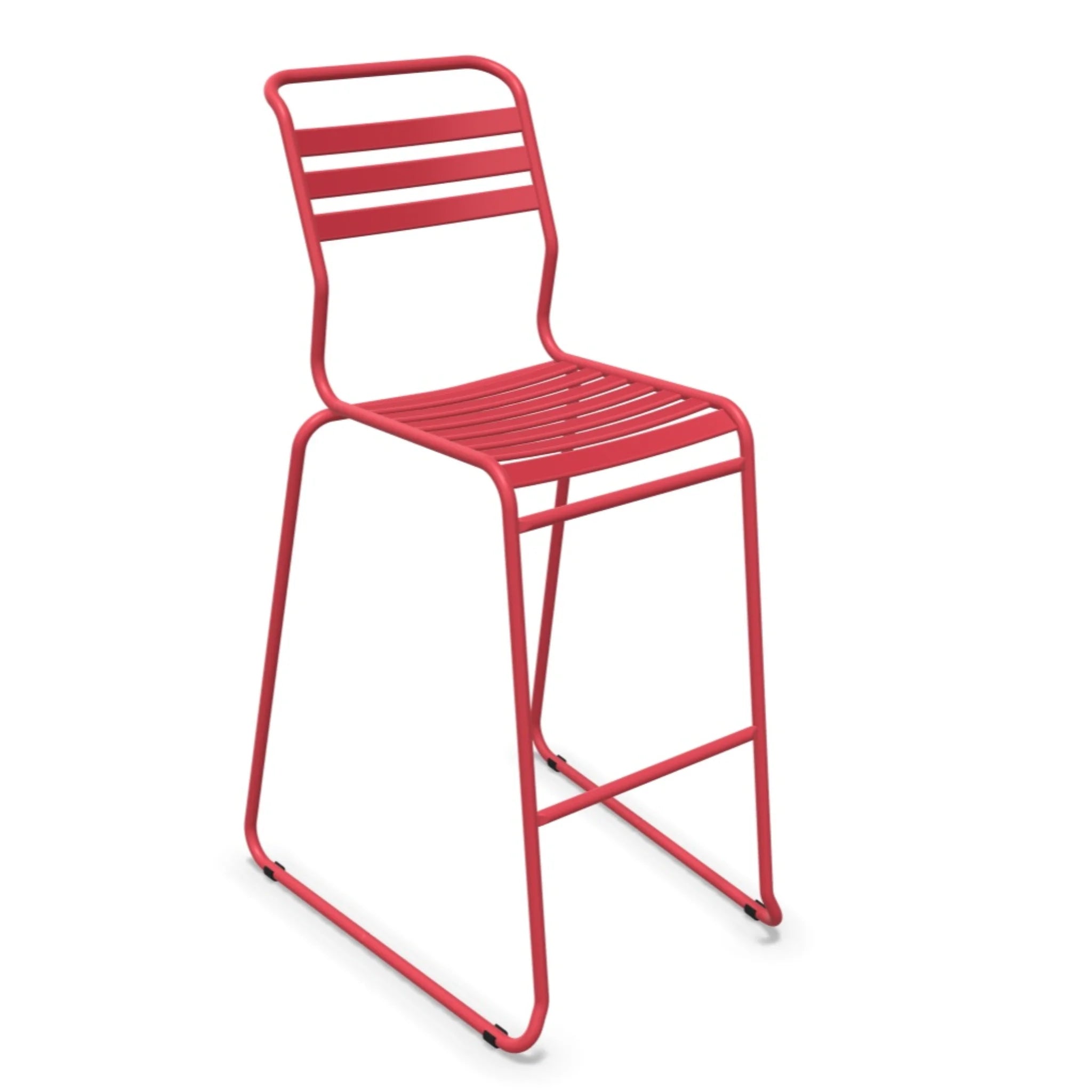 Roter Metall-Barhocker mit Rückenlehne und Fußstütze, modernes Design, stapelbar.