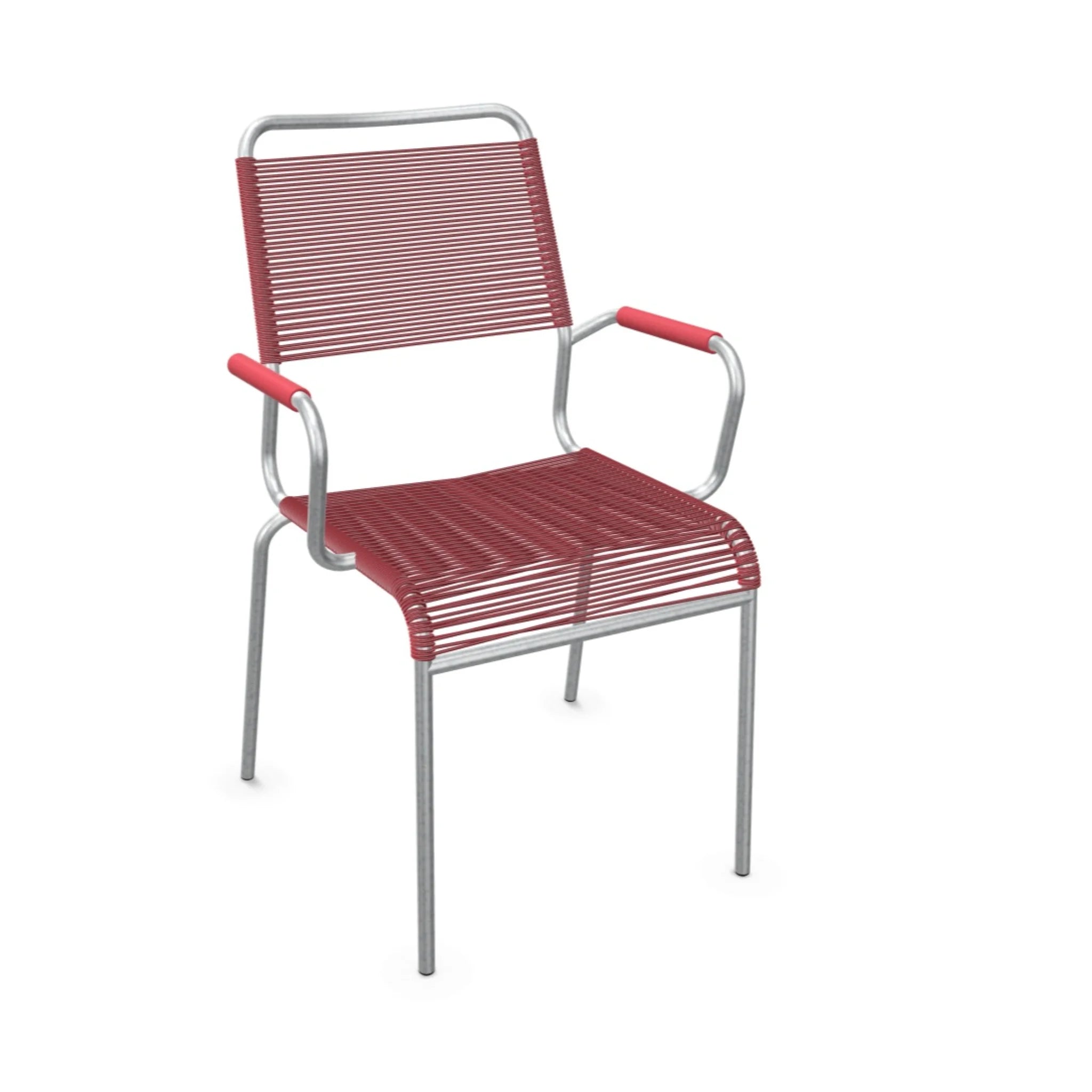 Moderner Gartenstuhl mit Armlehnen, rotes Kunststoffgeflecht und Metallrahmen, stapelbar und wetterfest.