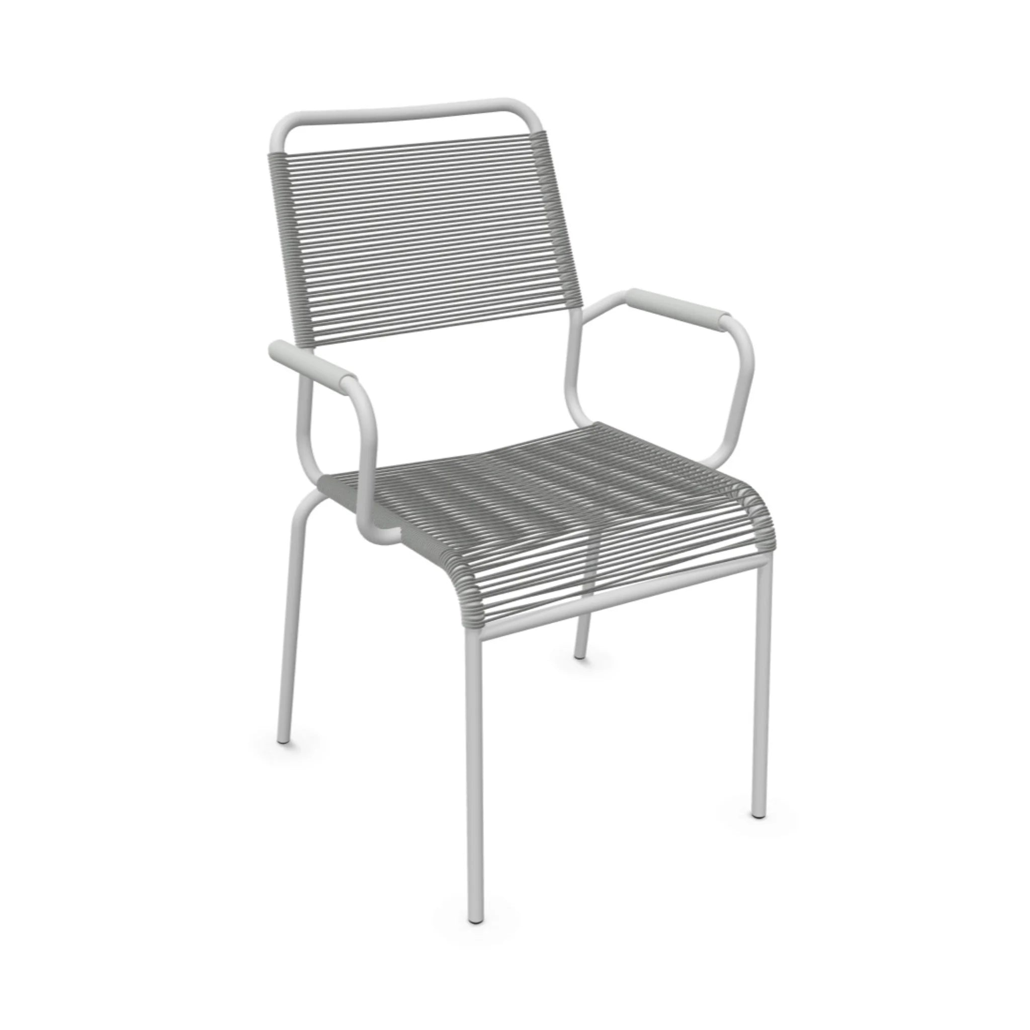 Moderner Aluminium Gartenstuhl mit Armlehnen in Silber, stapelbar und wetterfest für Terrasse und Balkon.