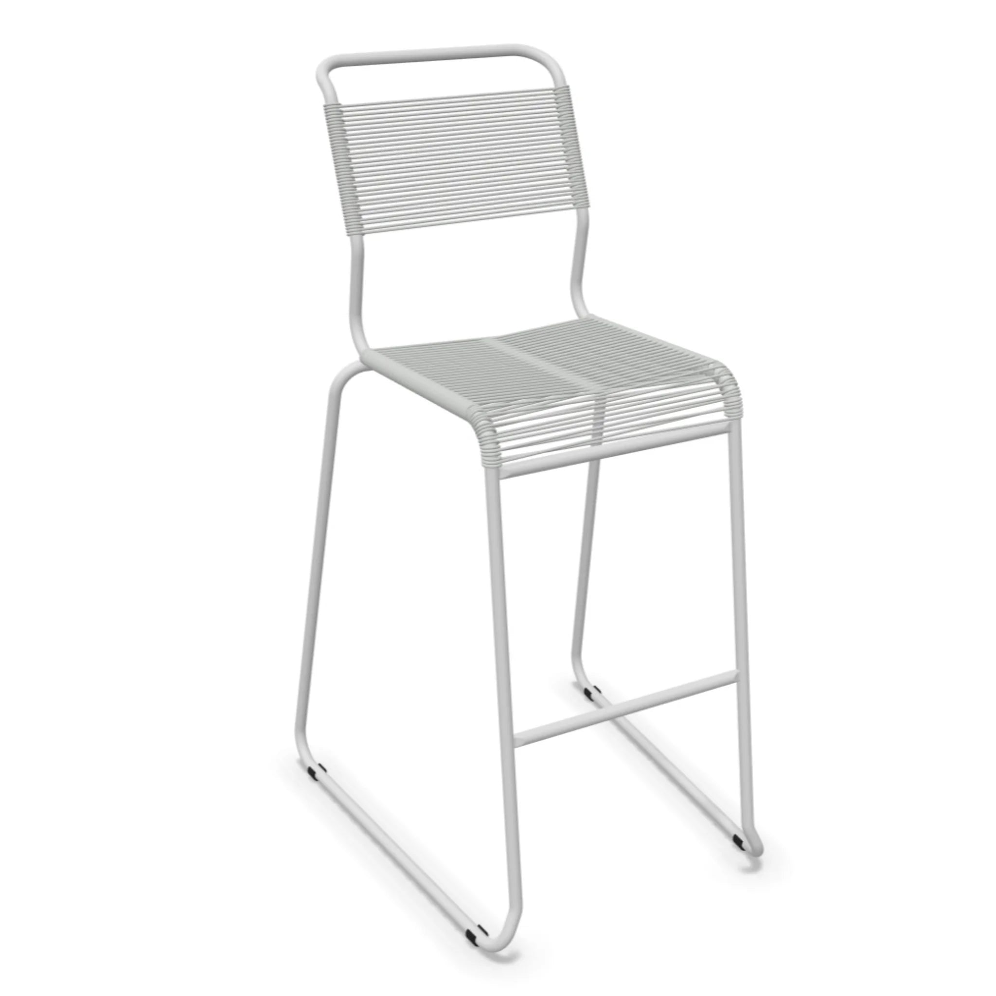 Aluminium Barhocker silber mit Kunststoffseilen, modernes Design, Sitzhöhe variabel, perfekt für Küche und Terasse.