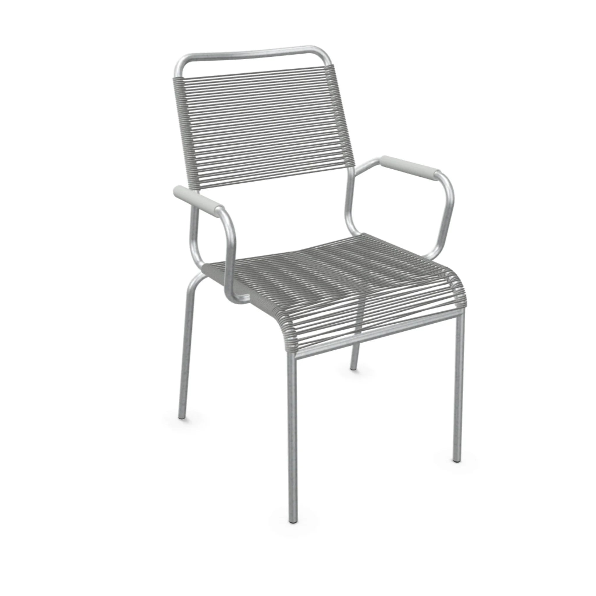 Moderner Gartenstuhl aus Aluminium in Silber mit ergonomischen Armlehnen und Kunststoffbespannung für Terrasse und Balkon.
