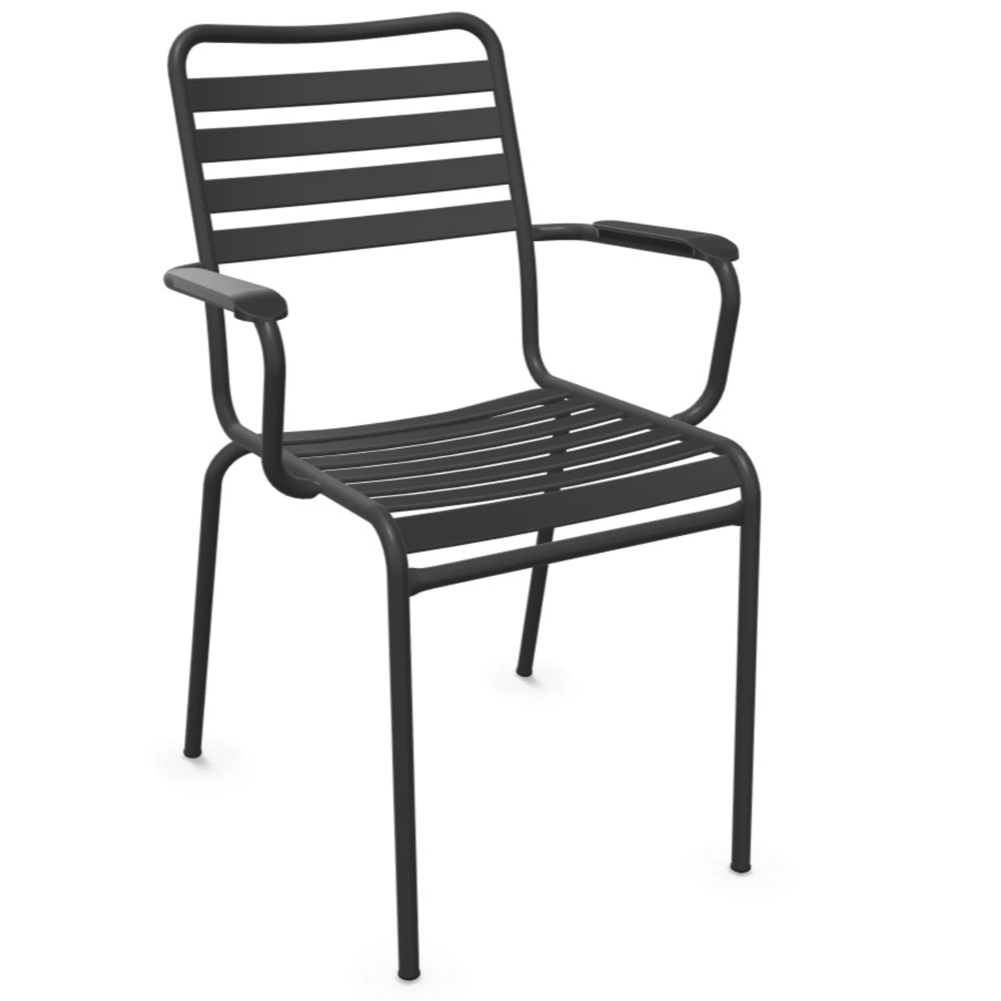 Stapelbarer Gartenstuhl aus Aluminium mit Armlehnen, anthrazit, modern und wetterfest für Terrasse und Balkon.