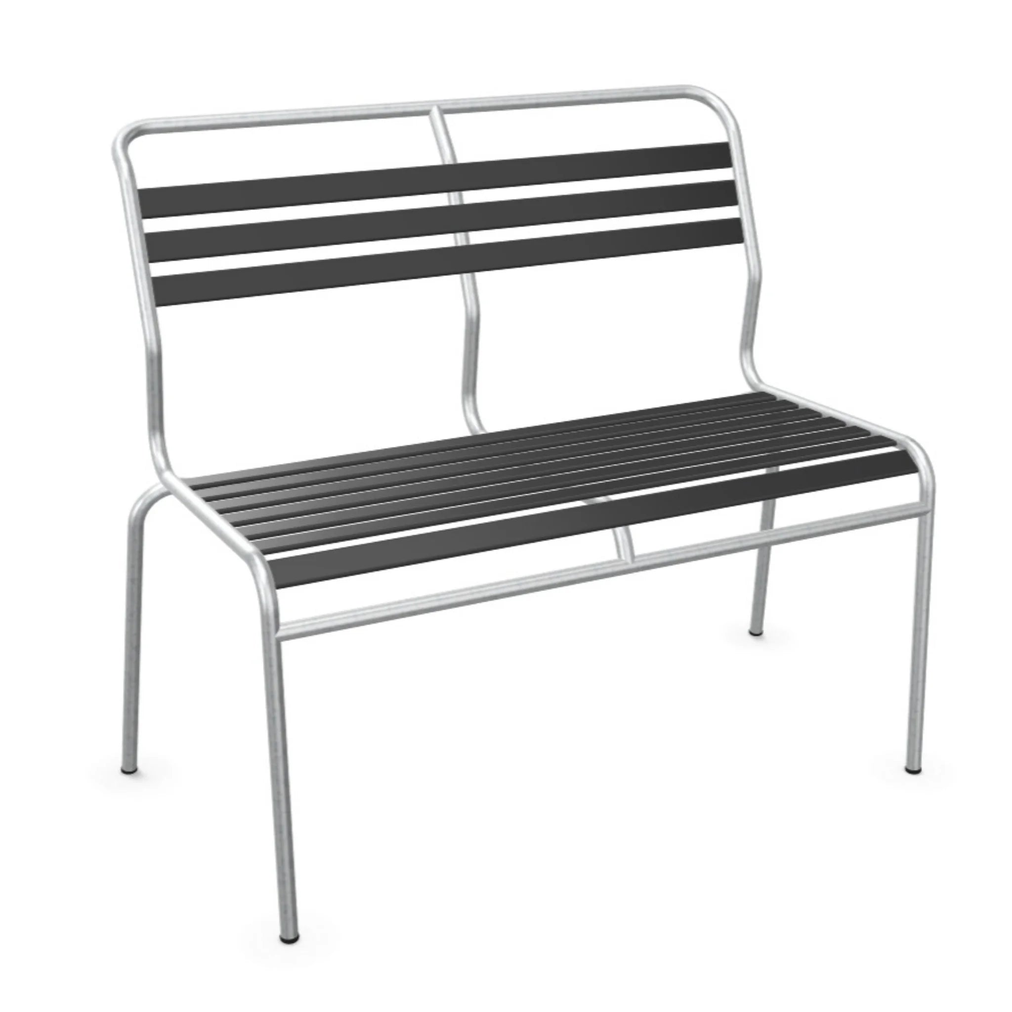 Moderne Gartenbank aus Aluminium mit anthrazitfarbigen Kunststoffleisten, stapelbar und pflegeleicht.