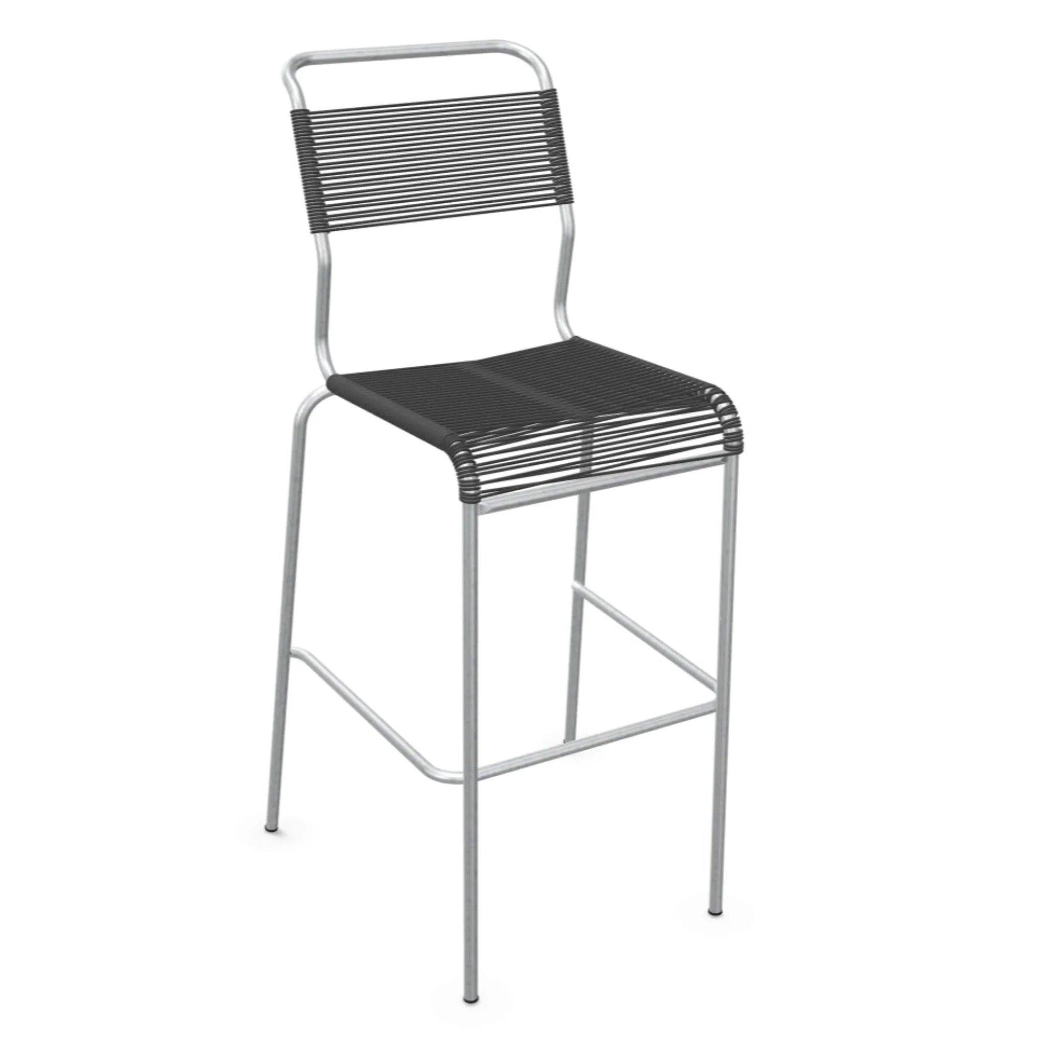 Moderner Barhocker mit Aluminium-Gestell und anthrazitfarbenen Kunststoffstreifen, stapelbar, für Küche und Bar.