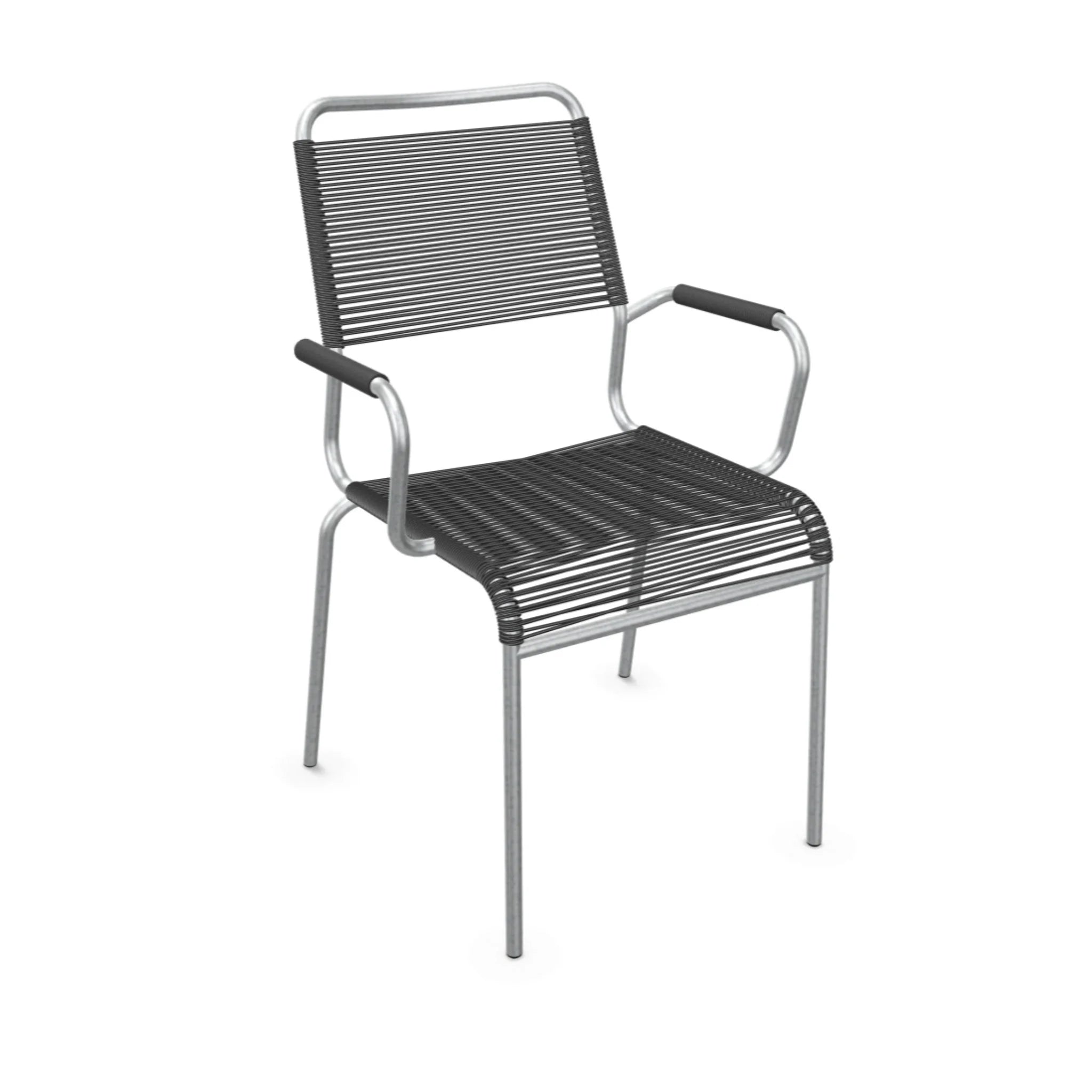 Stapelbarer Gartenstuhl anthrazit mit Armlehnen aus Kunststoffgeflecht und Aluminium-Gestell.