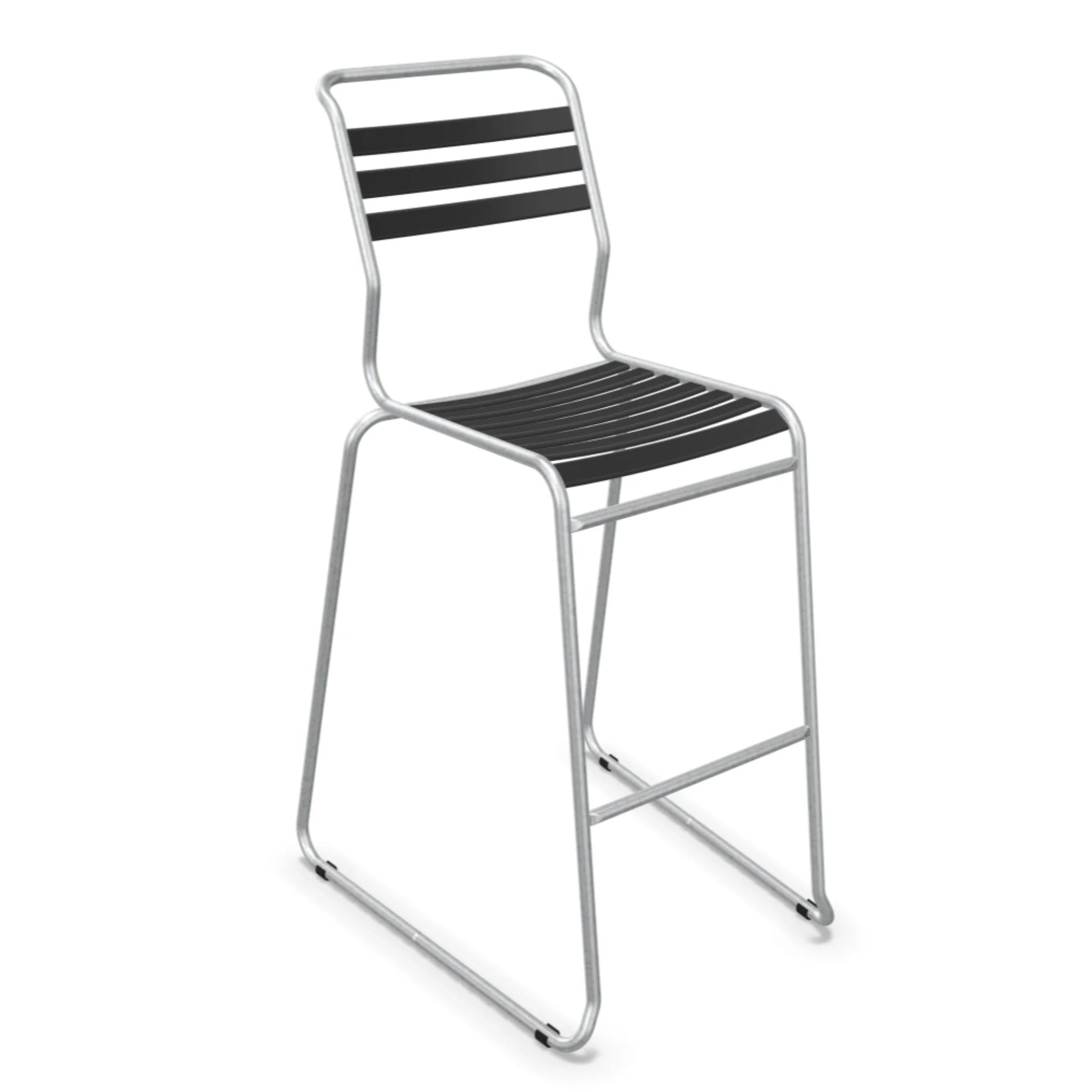 Moderne Barhocker Aluminium anthrazit mit schwarzen Kunststoffstreben, stapelbar, für Innen- und Außenbereich.