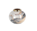 Runde Keramikvase mit Marmoroptik in Grau-Weiss und Goldakzenten, goldener Öffnungsring, modernes Wohndekor