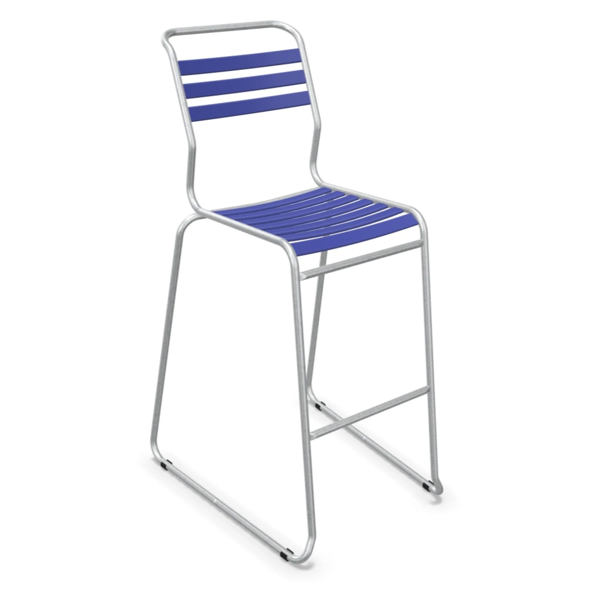 Moderner Barhocker mit blauem Kunststoff und silbernem Aluminium-Rahmen für Küche und Bar.