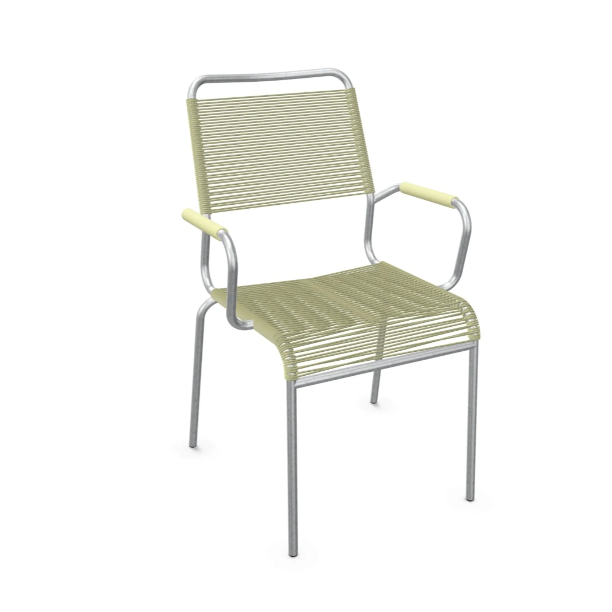 Moderner Aluminium Gartenstuhl mit grünen Kunststoffseilen, stapelbar und wetterfest für Terrasse
