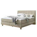 Boxspringbett beige mit Polsterkopfteil und Holzfüßen, modernes Schlafzimmerbett