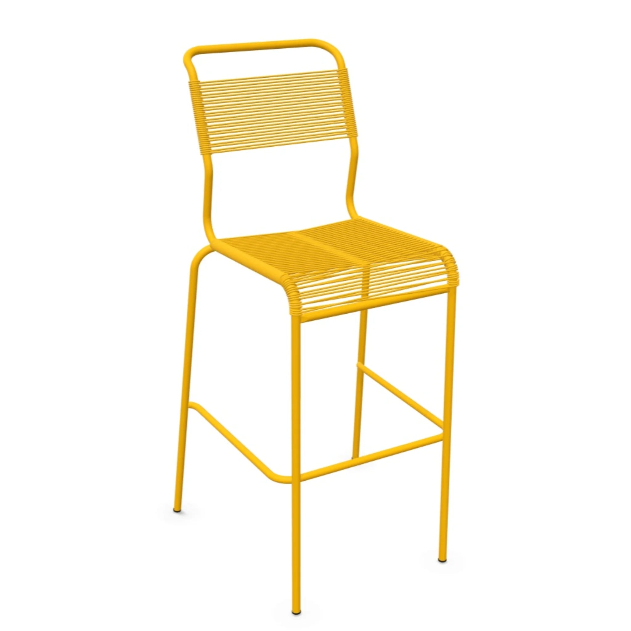 Gelber Barhocker aus Metall mit Rückenlehne und Fußstütze, modernes Design für Küche und Bar.