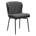 Glam Stuhl in Pebble Grey Bouclé-Stoff mit schwarzen Metallbeinen – moderner Esszimmerstuhl