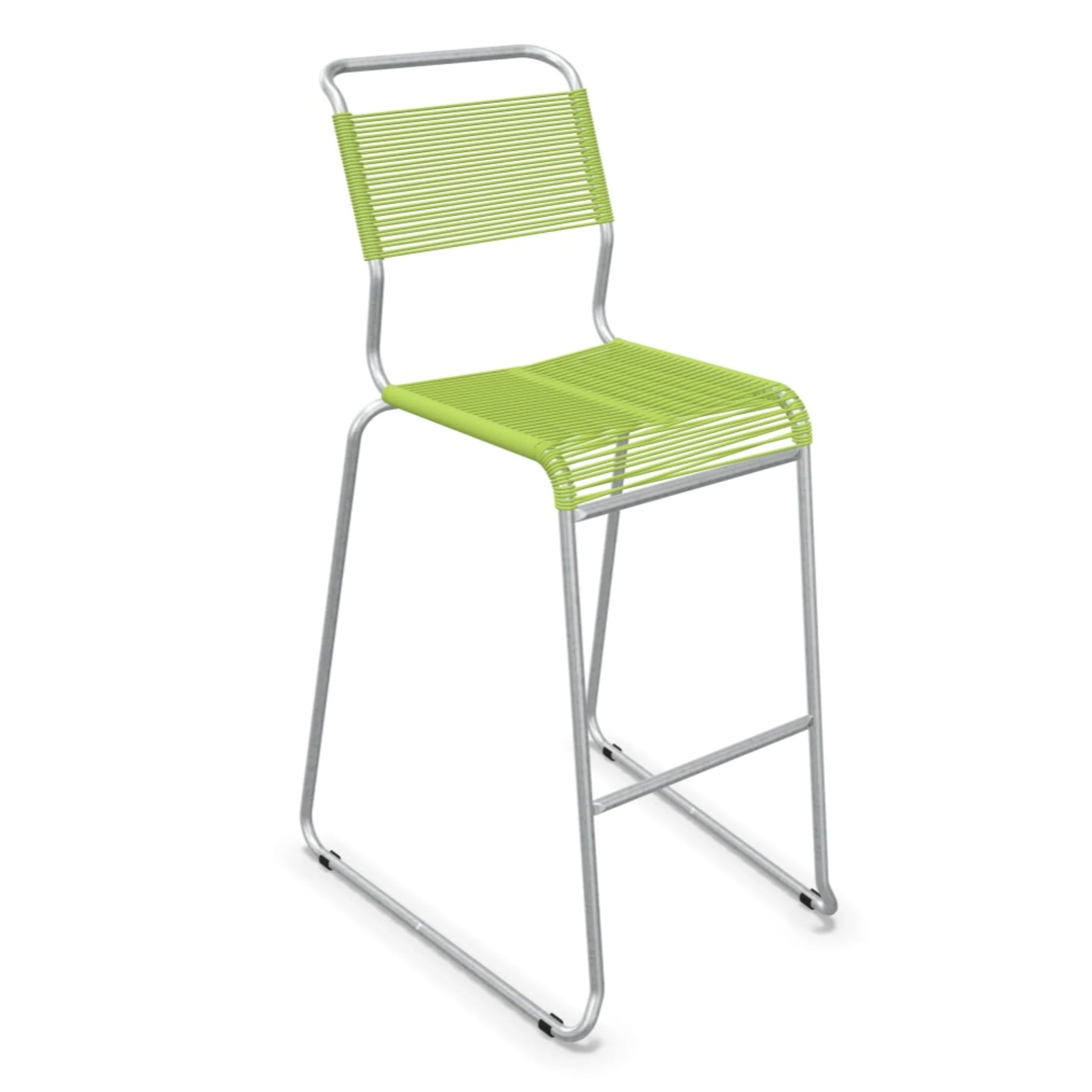 Moderne Barhocker mit hellgrünem Kunststoff und silbernem Metallgestell, stapelbar und pflegeleicht.