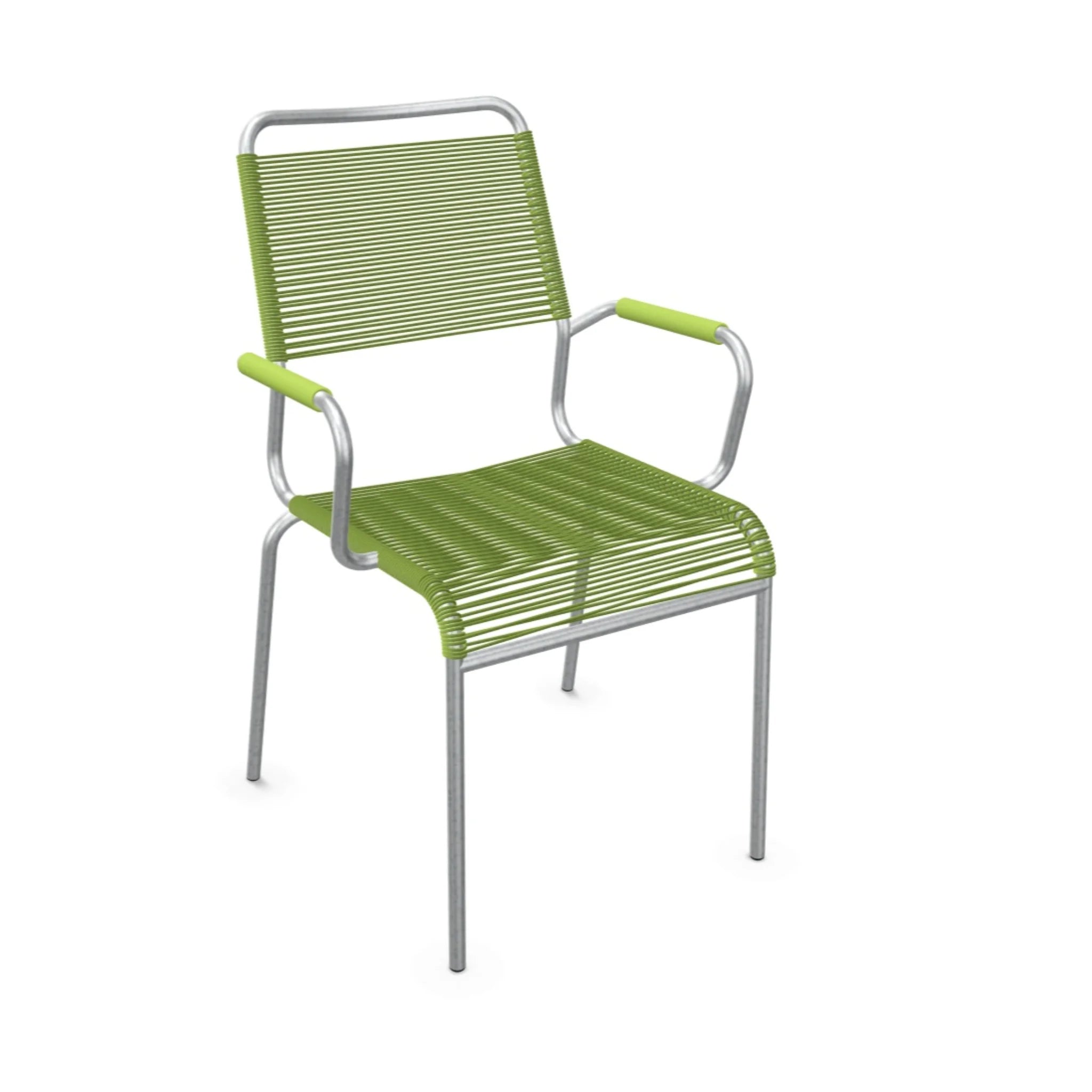 Moderner Gartenstuhl mit Armlehnen in Hellgrün, stapelbar, Aluminium-Gestell