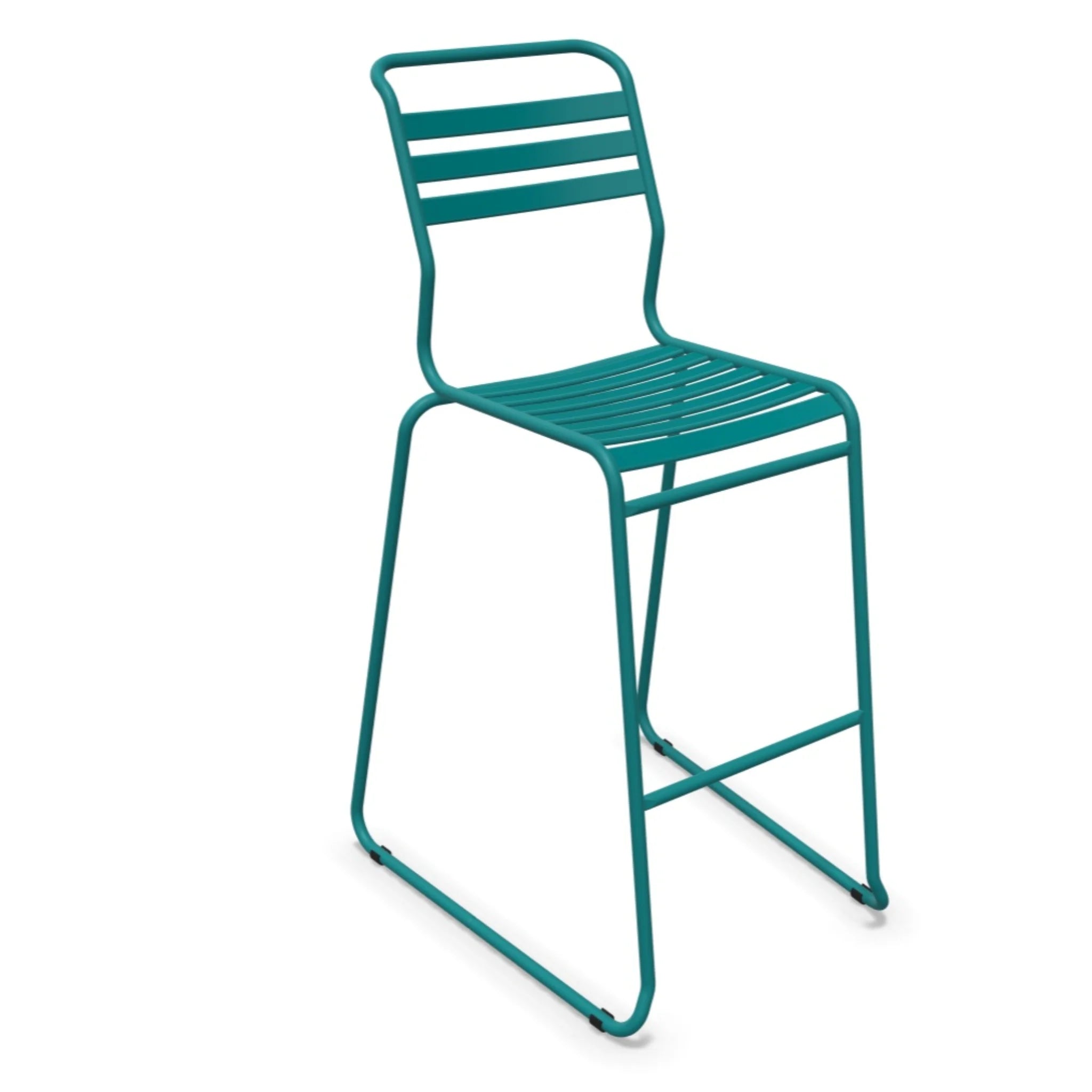 Moderner Barhocker aus Metall in Teal, stapelbar, ideale Sitzhöhe für Küche und Bar.