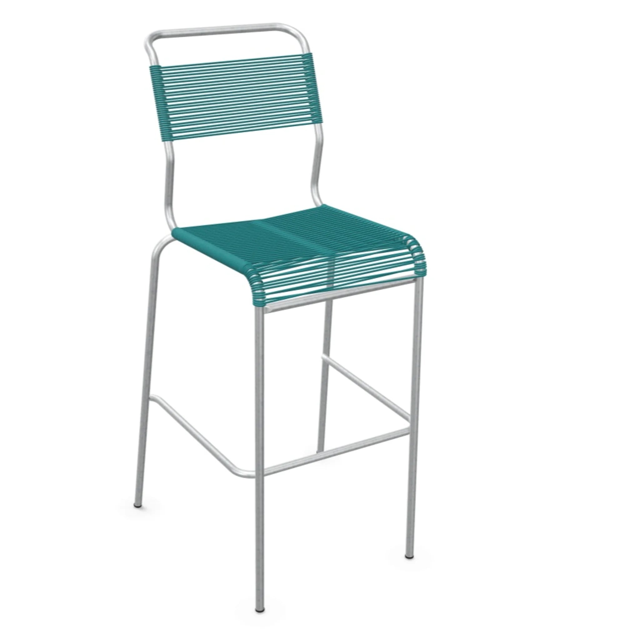Moderner Barhocker mit Kunststoffseilen in Blaugrün und grauem Metallrahmen für Küche und Bar.