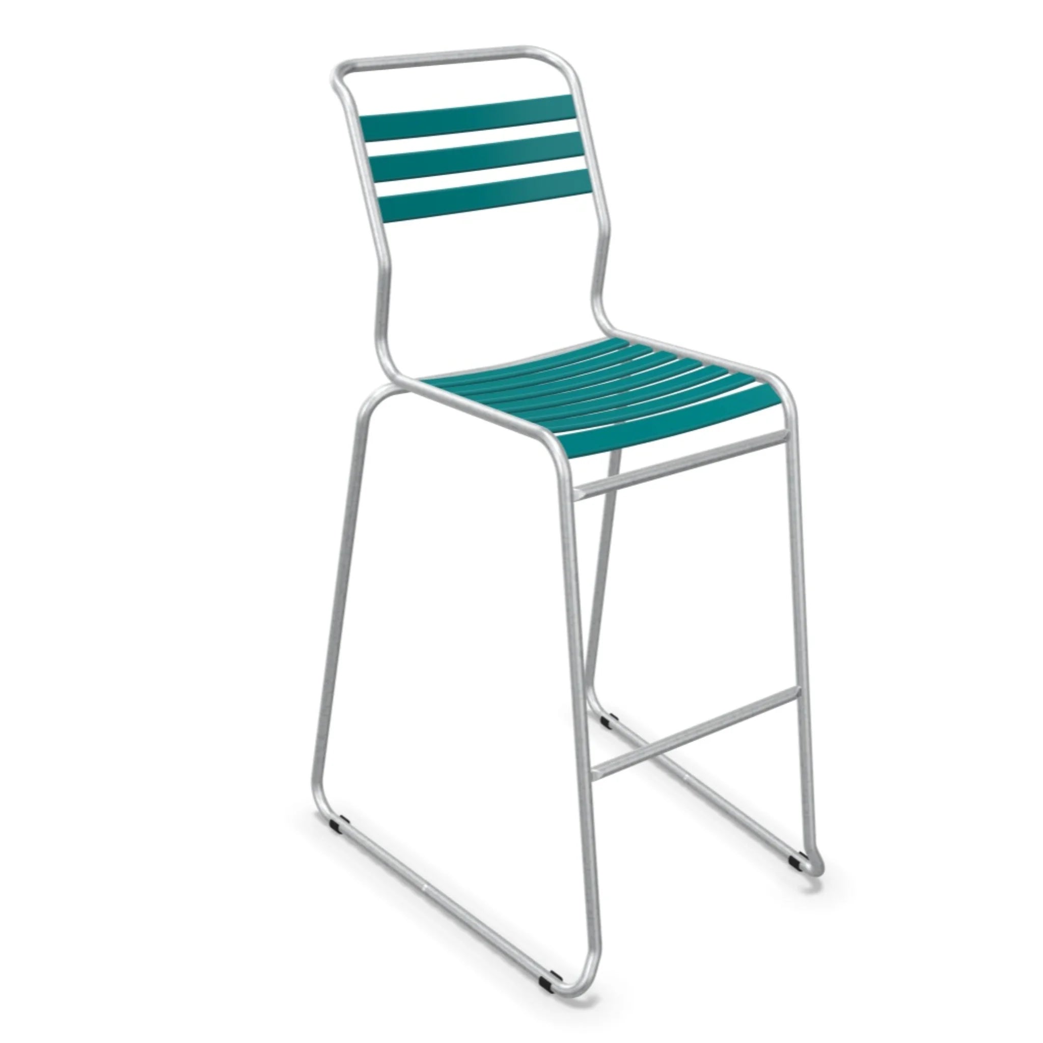 Hochwertige Aluminium Barhocker mit türkisen Kunststoffstreben - modernes Design für Küche und Bar.