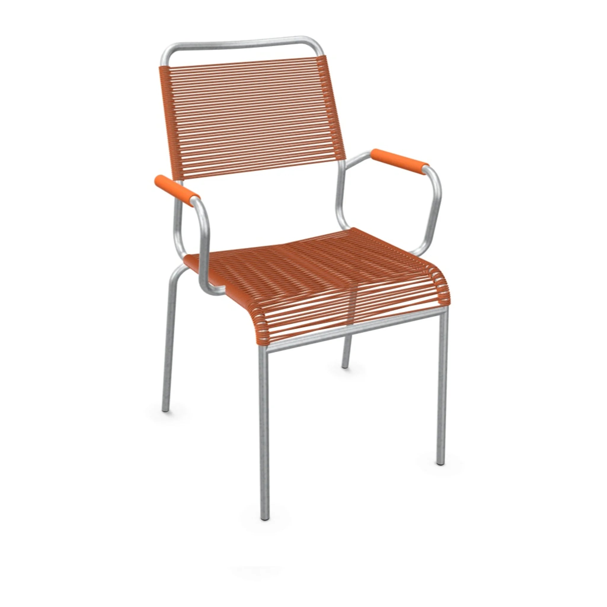 Moderne Outdoor-Armlehnstuhl mit orange Kunststoffseilen und silbernem Metallgestell für Terrasse und Garten.