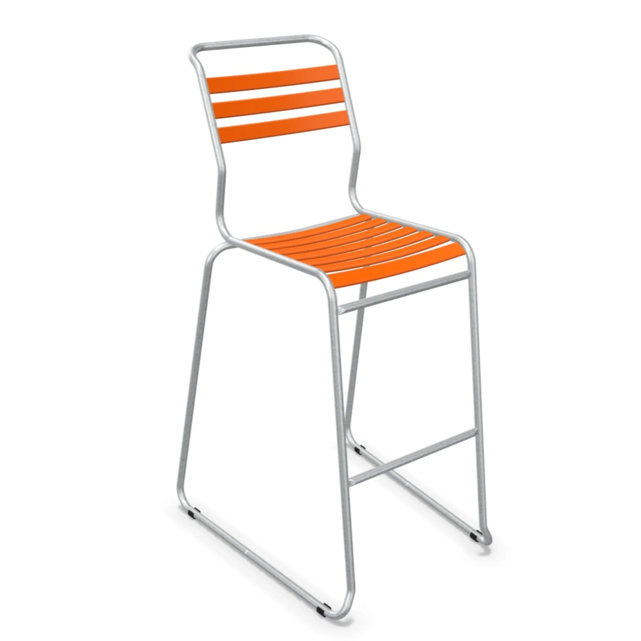 Moderner Barhocker mit orange Kunststoffsitz und Aluminium-Gestell, stapelbar