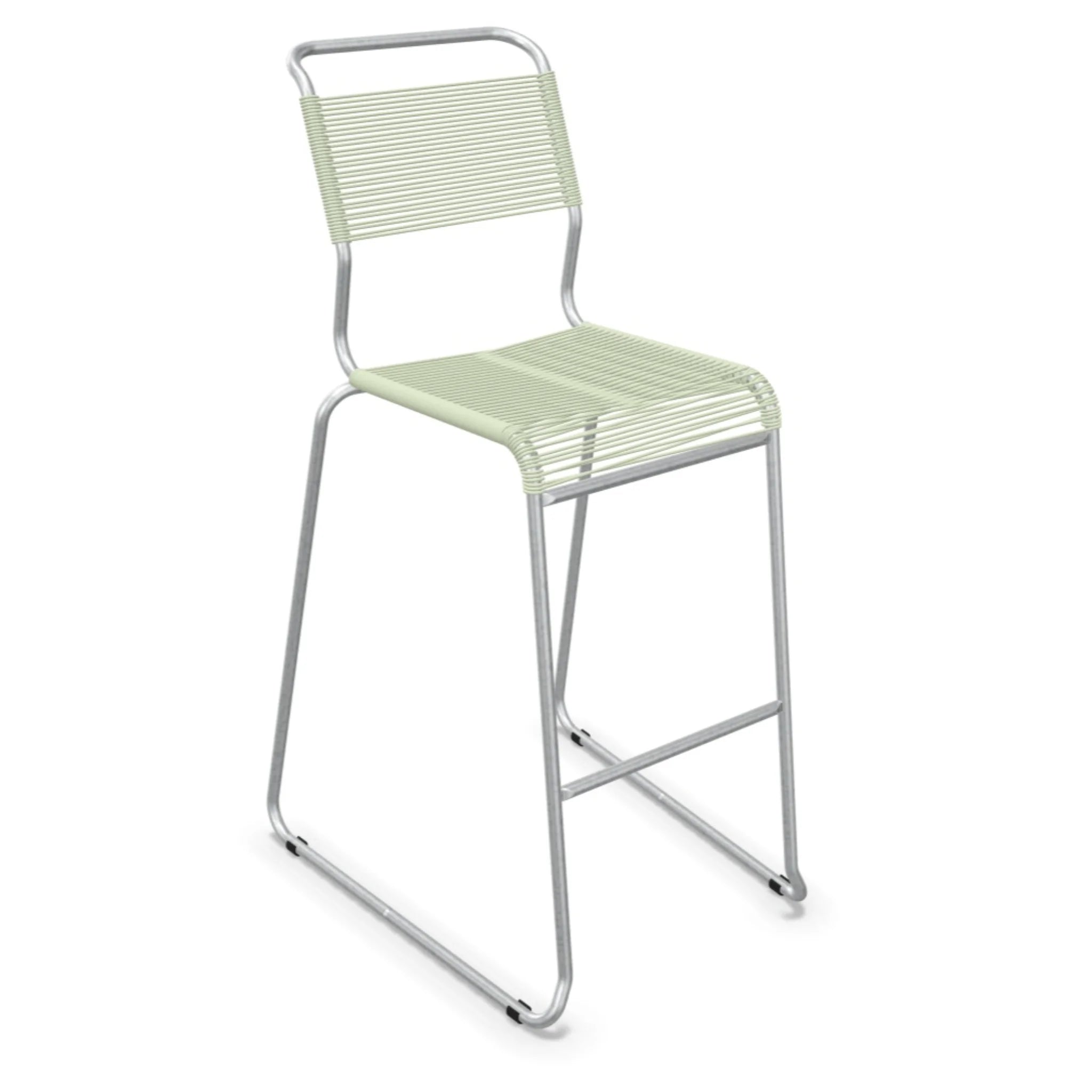 Moderner Barhocker mit Gestell aus Aluminium und Sitzfläche in Pastellgrün, stapelbar und robust.