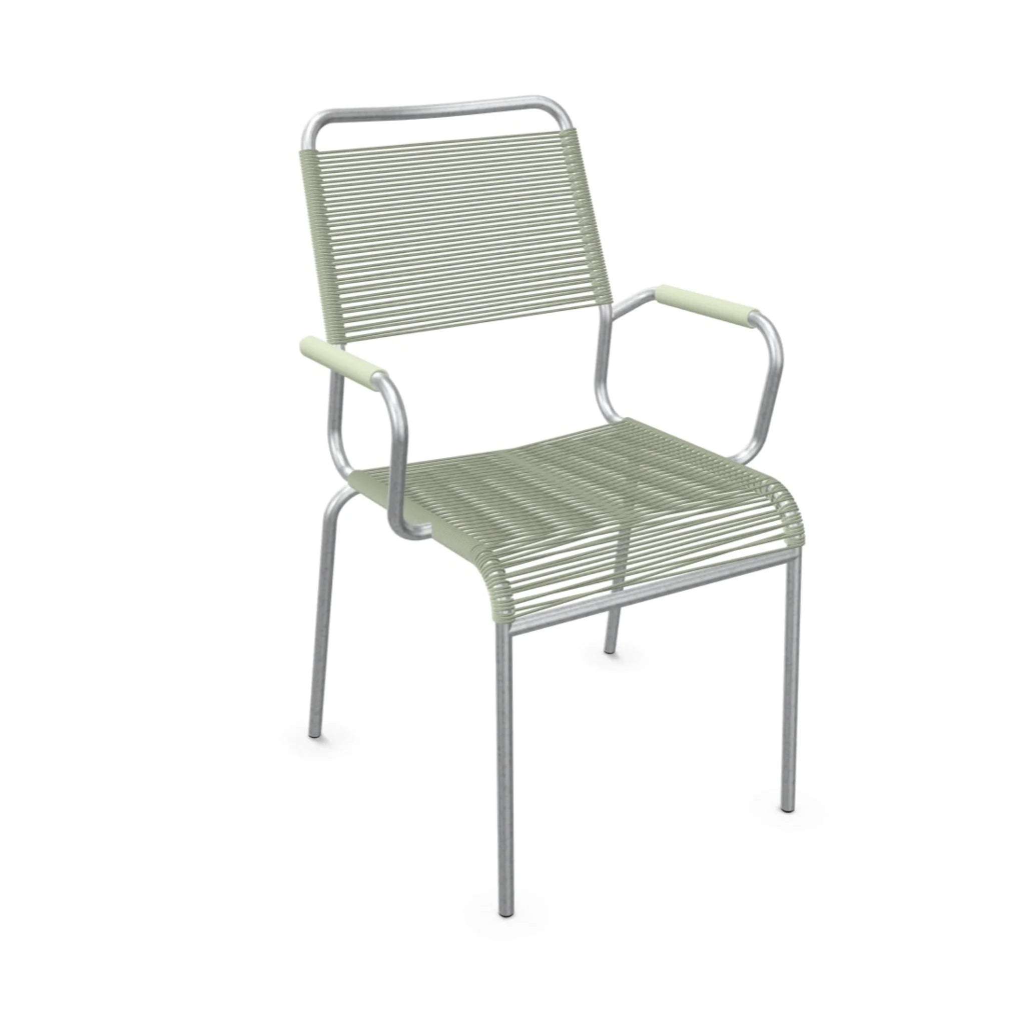 Moderner Stapelstuhl mit Armlehnen in Pastellgrün, Aluminium-Gartenstuhl für Balkon und Terrasse.