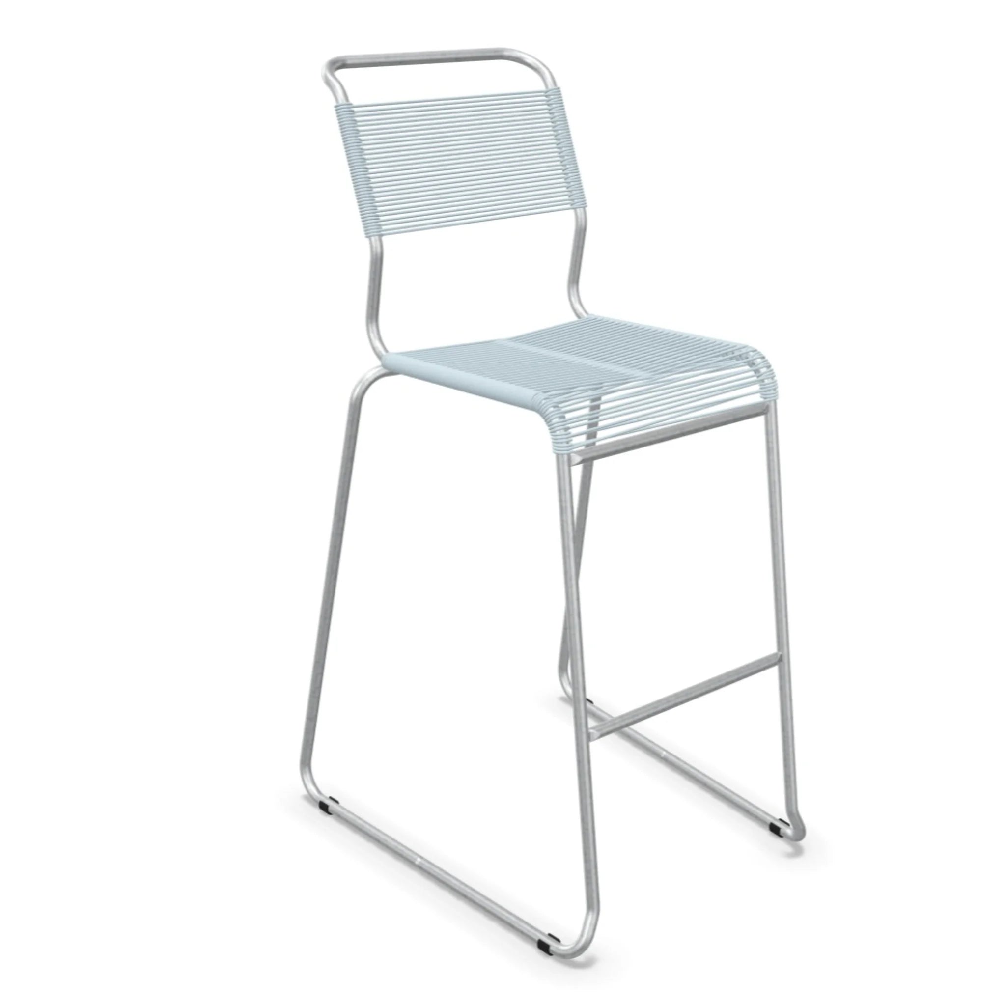 Moderner Barhocker mit Aluminium-Gestell und pastellblauer Sitzfläche aus Kunststoff