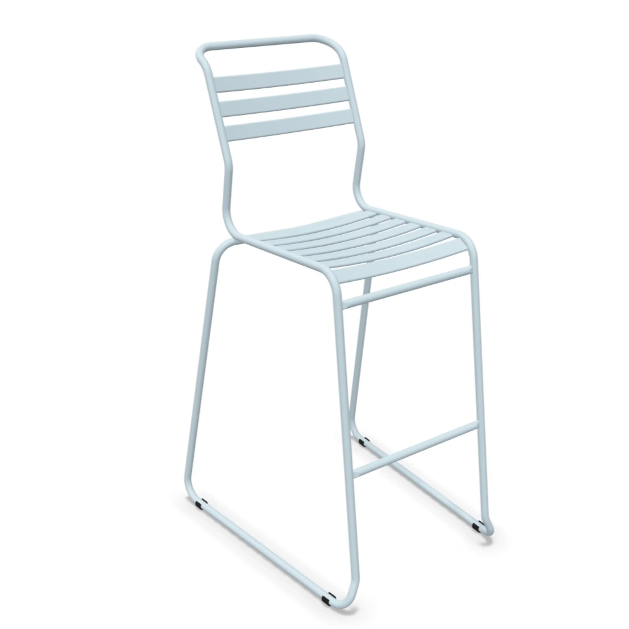 Pastellblauer Aluminium Barhocker mit Rückenlehne und Fußstütze, modernes Design für Küche und Bar.