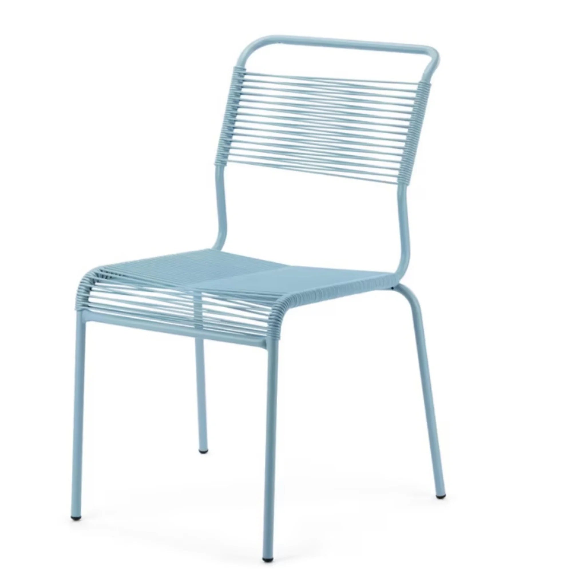 Pastellblauer Stuhl mit Metallrahmen und Kunststoffsitzfläche, modernes Design für Innen- und Außenbereich