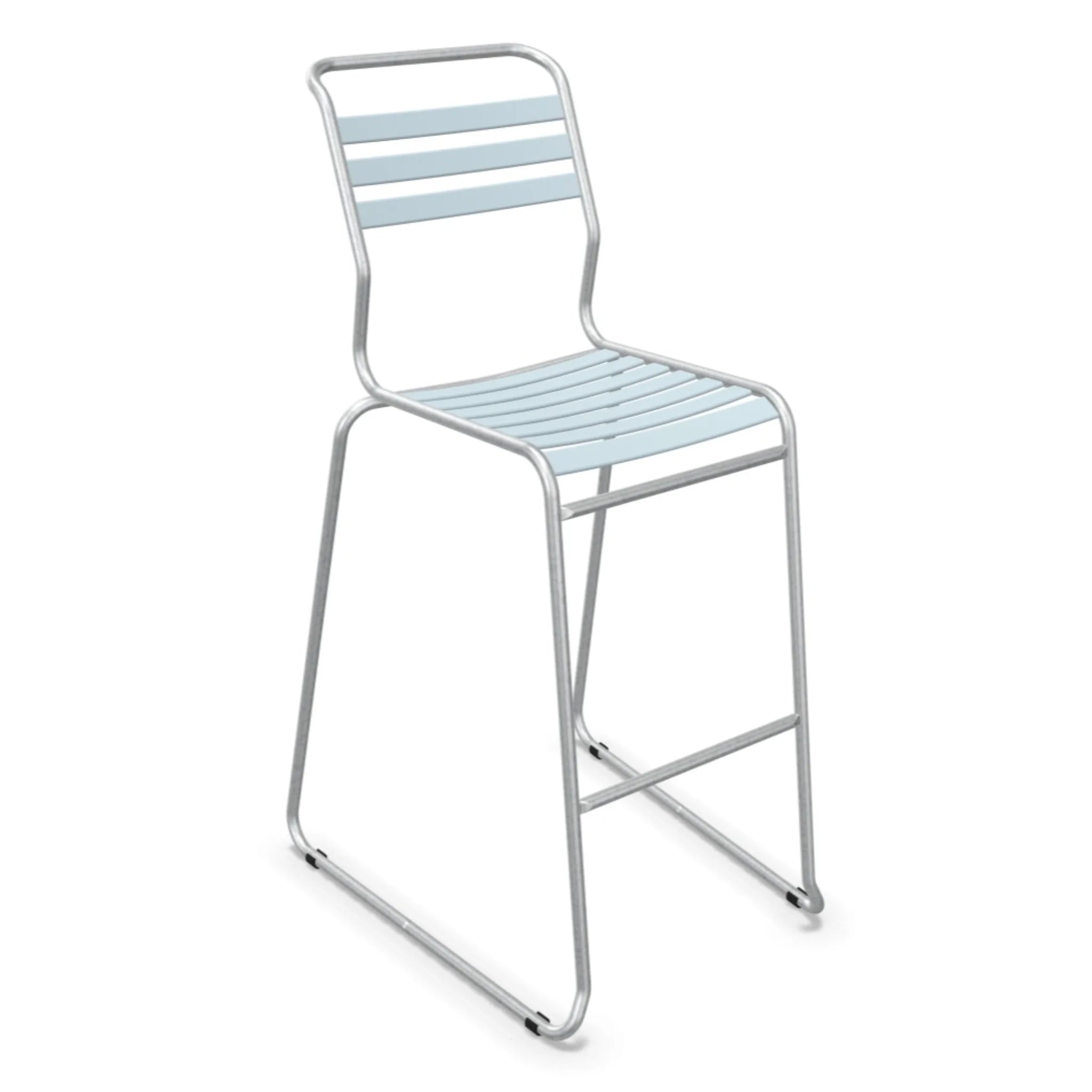 Moderner Aluminium Barhocker in Pastellblau mit Fußstütze, stapelbar, ideal für Garten und Terrasse.