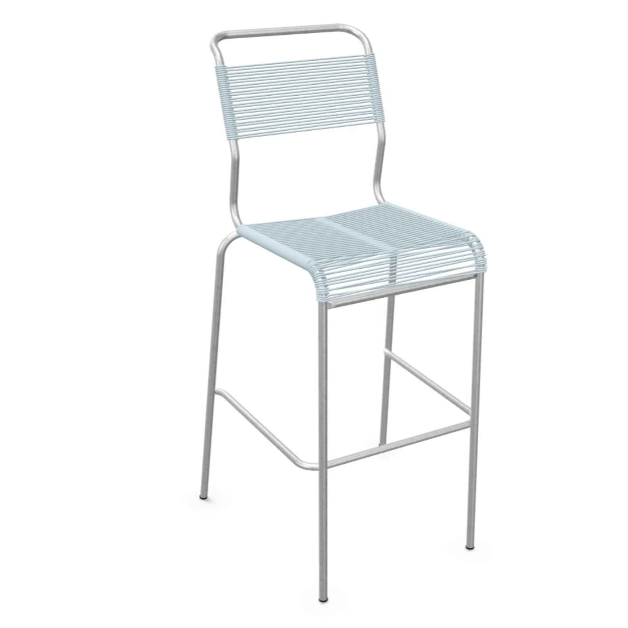 Pastellblauer Barstuhl mit Metallgestell, modernes Design, Sitzhöhe ca. 75 cm, perfekt für Küche und Bar.