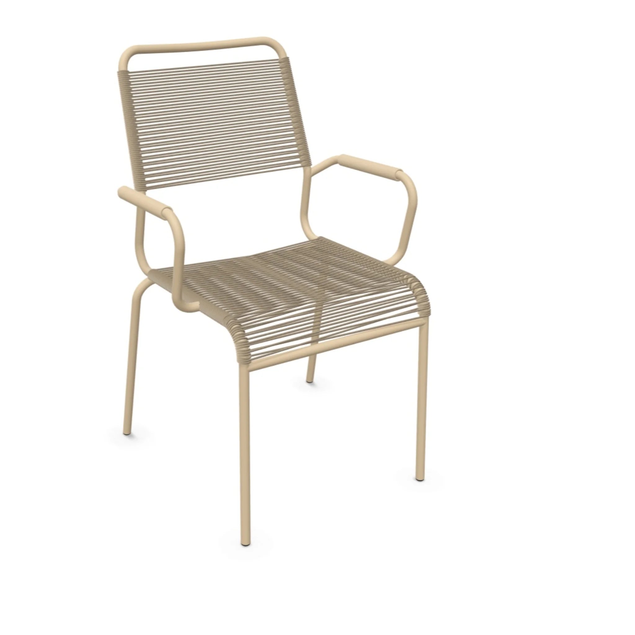 Moderne Gartenstuhl mit Armlehnen in Pastellbraun. Stapelbar, wetterfest und ergonomisch designt.