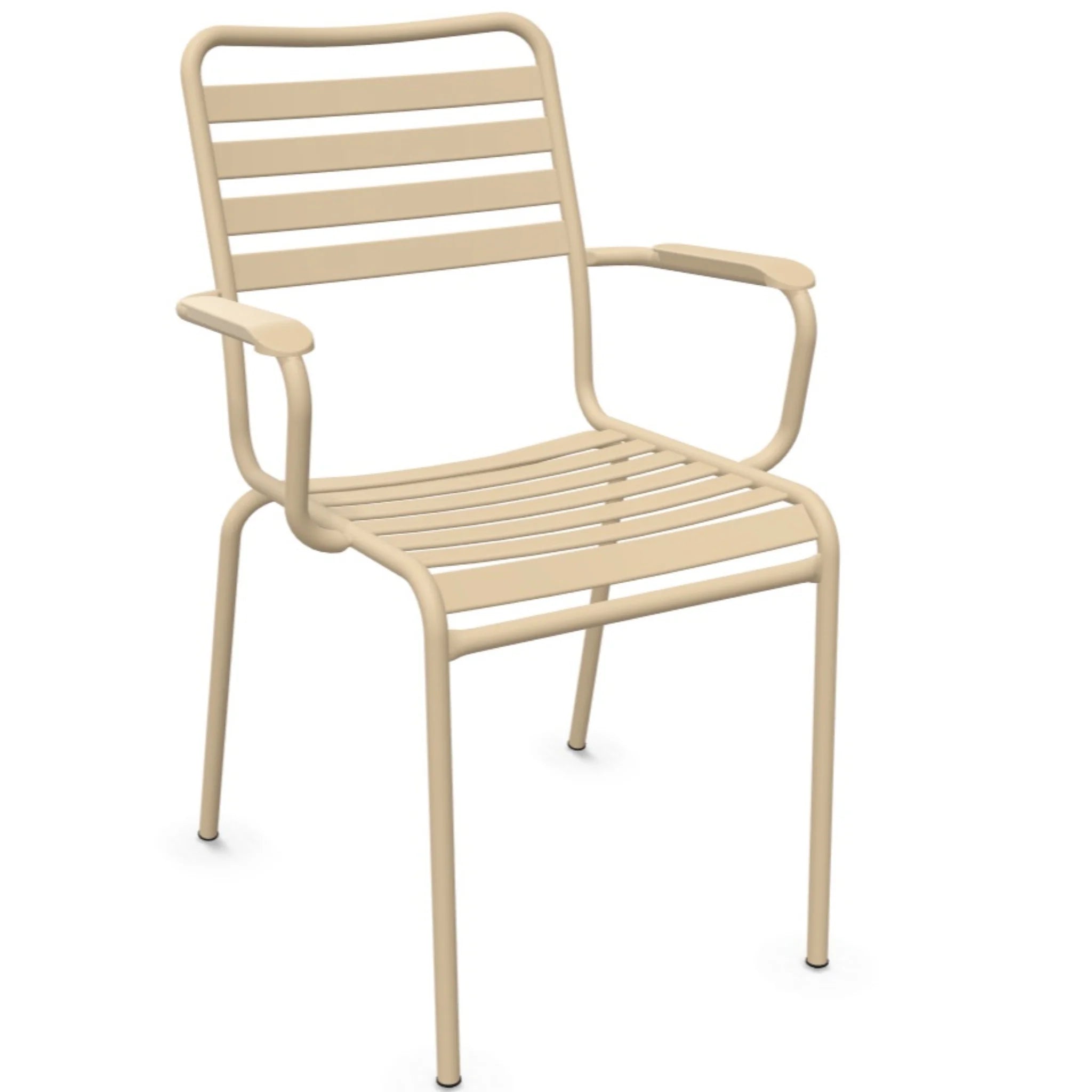 Moderne Aluminium-Gartenstuhl mit Armlehnen in Pastellbraun für Terrasse und Balkon.