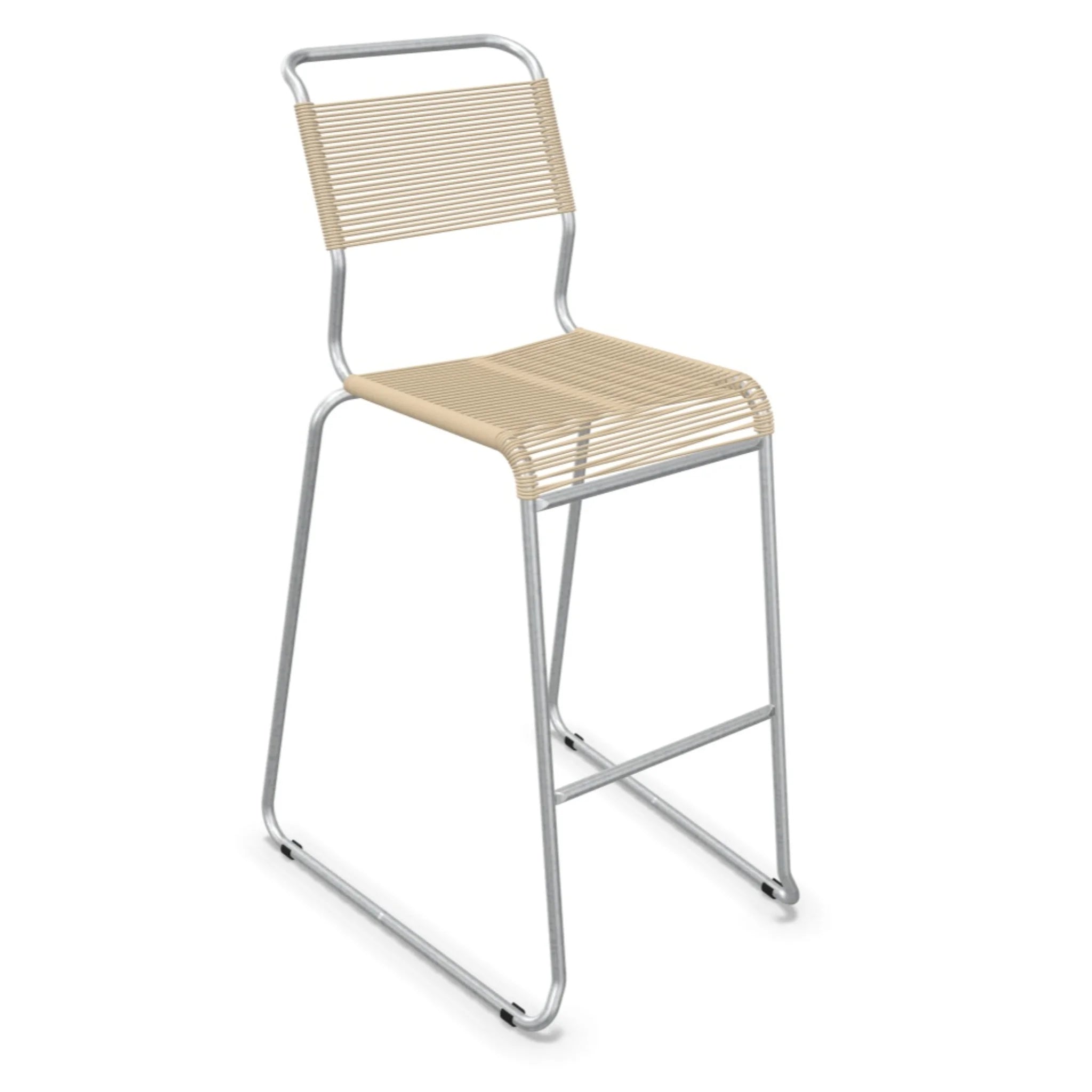 Moderner Barhocker mit Aluminium-Gestell und pastellbraunem Kunststoff-Sitzbereich, stapelbar