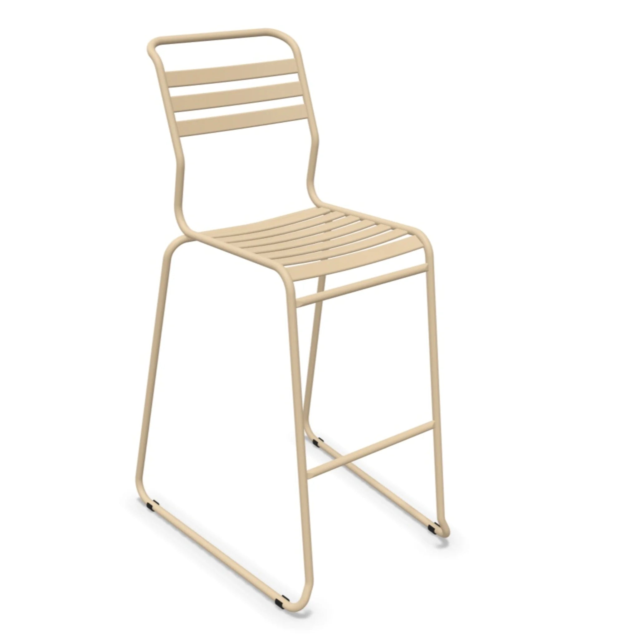 Moderner Barhocker in Pastellbraun mit Metallgestell und Lattenrückenlehne für Küche und Bar.