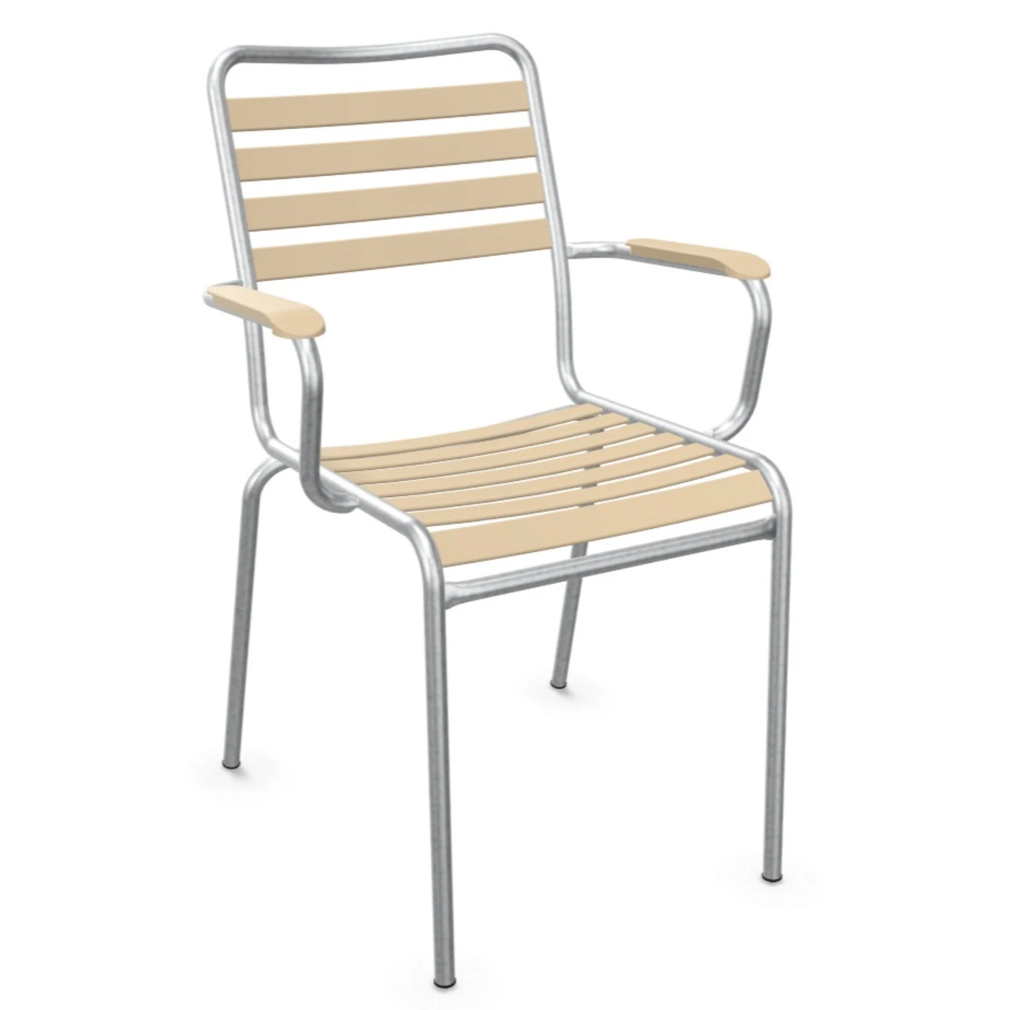Aluminium Gartenstuhl mit Holzlehne und Sitzfläche, moderner Außenstuhl in Pastellbraun