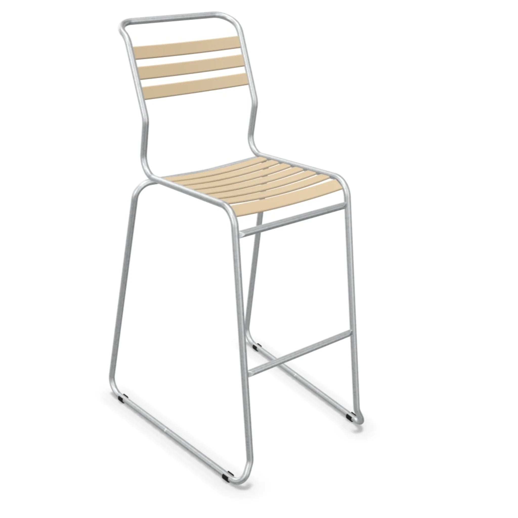 Moderner Barhocker mit Aluminium-Rahmen und Holz-Sitzfläche, stapelbar, für Innen- und Außenbereich.
