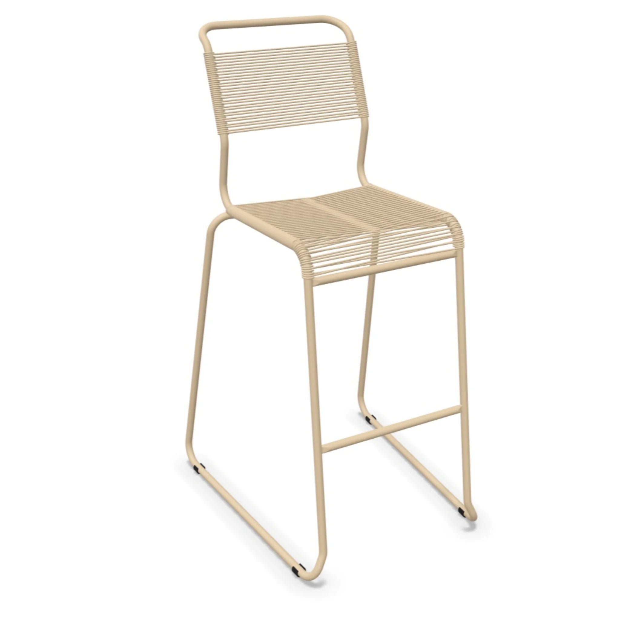 Moderne Barhocker mit Kunststoffsitzfläche in Pastellbraun, stapelbar und platzsparend für Küche und Bar.