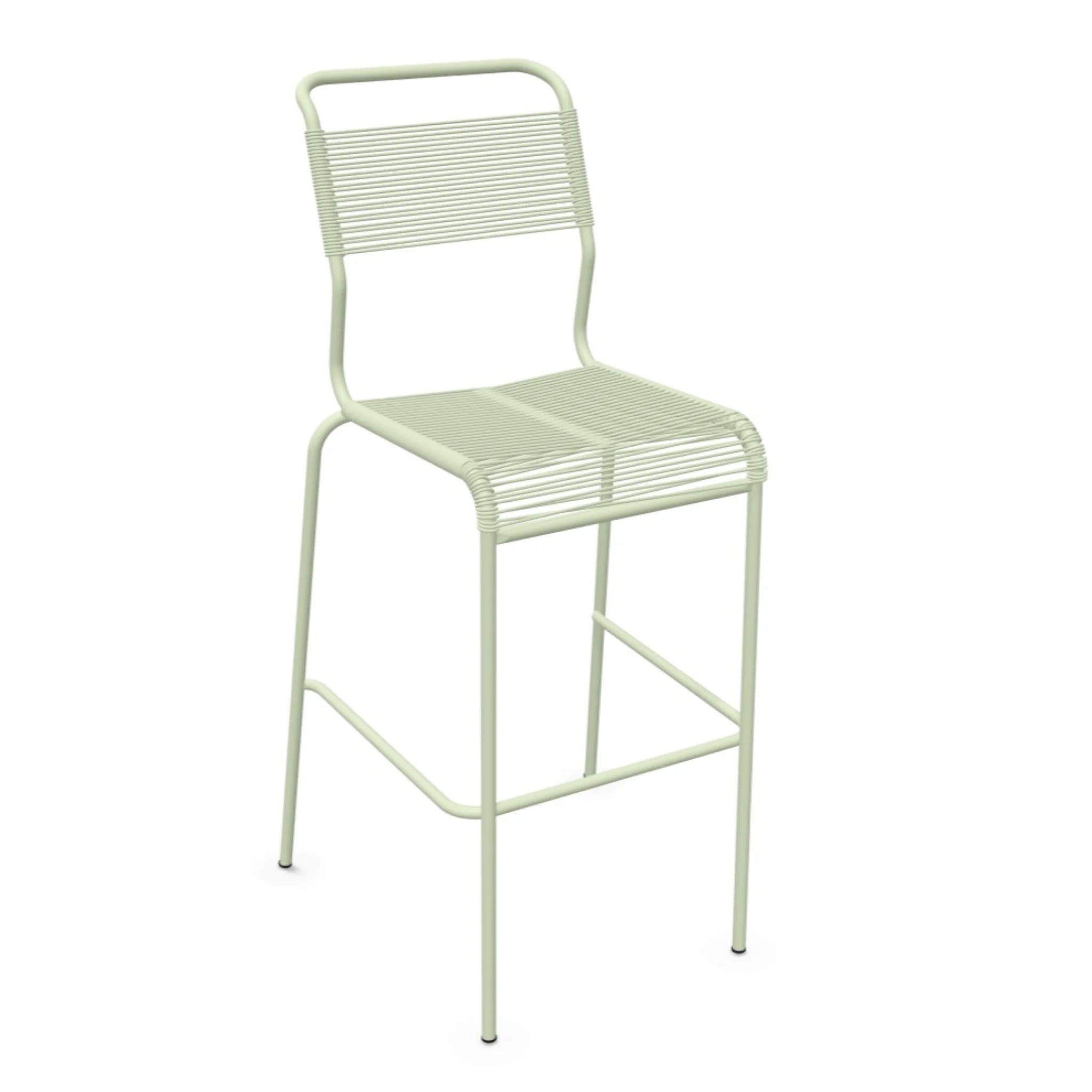 Pastellgrüner Barhocker mit Metall-Gestell und Kunststoff-Sitz, modernes Design für Küche und Bar.