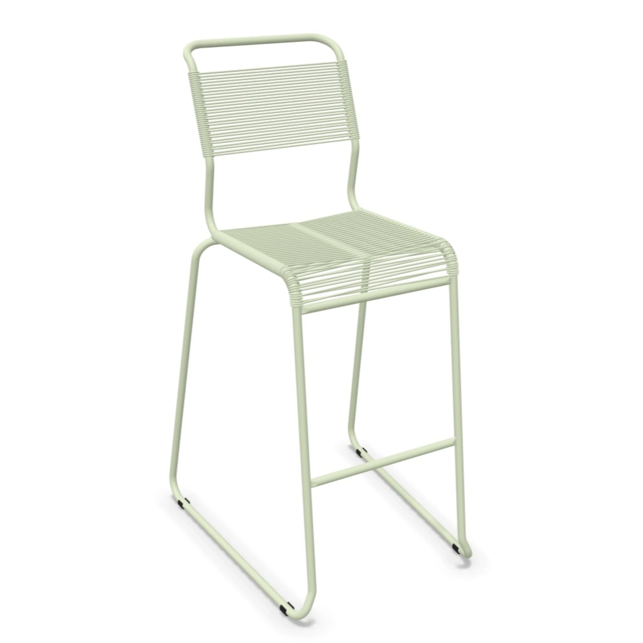 Pastellgrüner Barhocker mit Kunststoffseilen und Metallgestell, modernes Design für Küche und Bar.