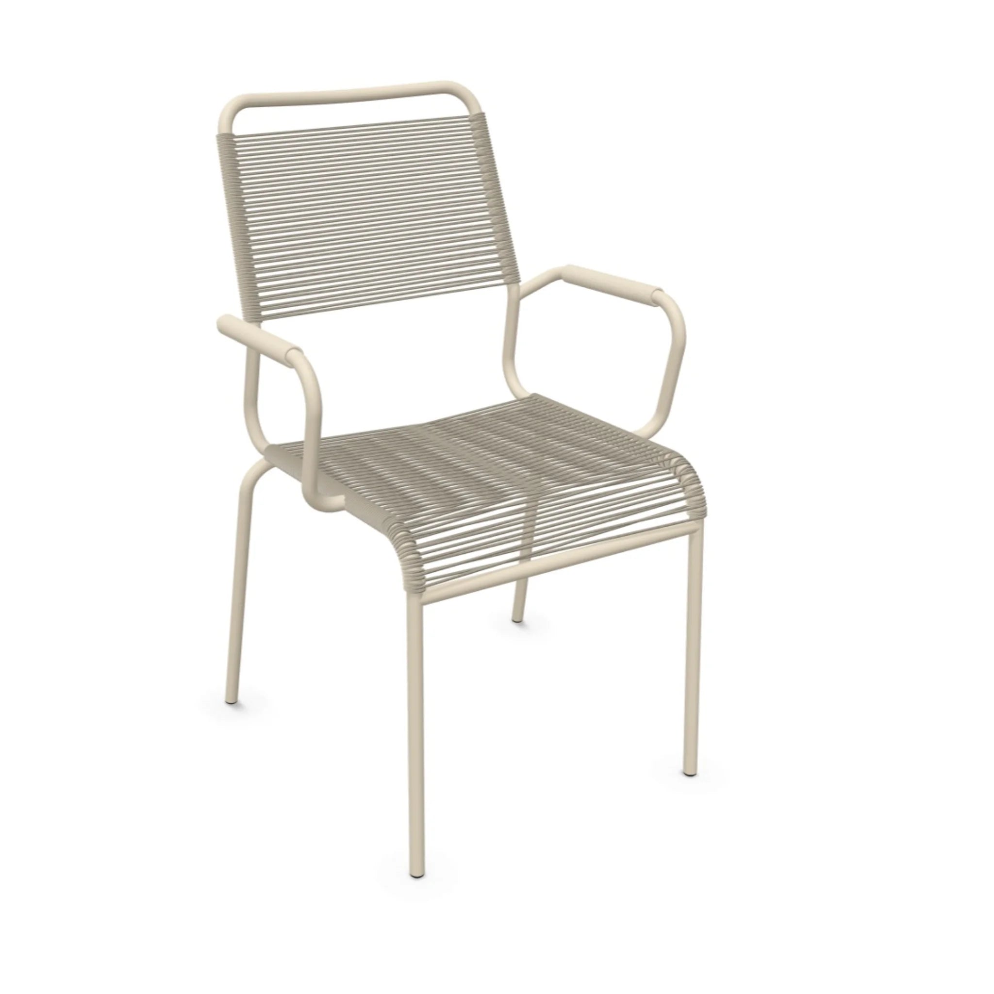 Moderner Gartenstuhl mit Armlehnen in Pastellsand, stapelbar, robuste Metallkonstruktion für Terrasse und Balkon.