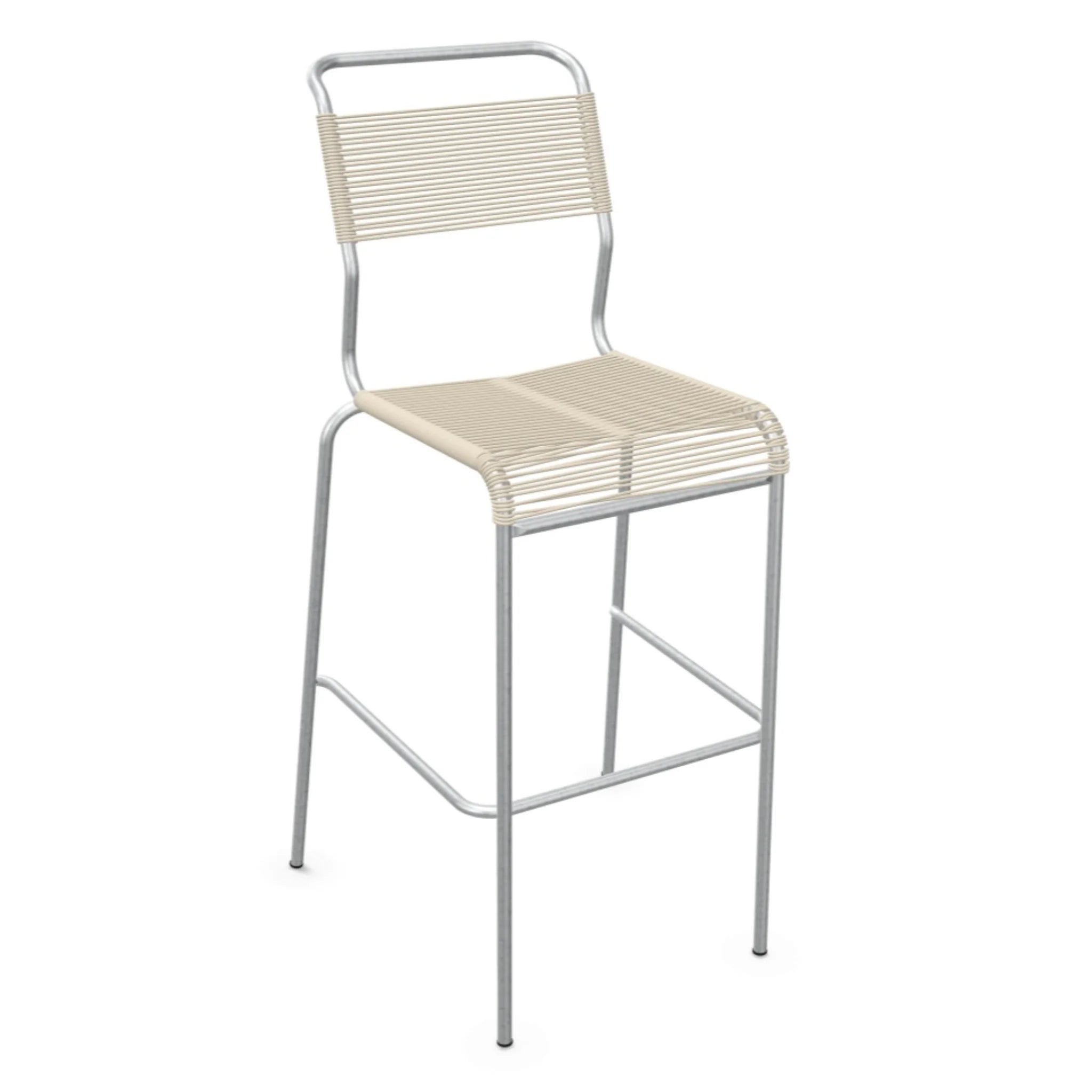 Barhocker mit Metallrahmen und Kunststoffbespannung in Pastellsand, modernes Design.