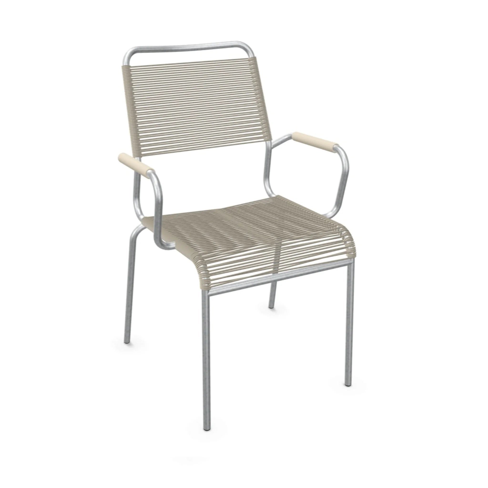 Moderne Gartenstuhl mit Armlehnen in Pastellsand, stapelbar, aus Aluminium und Kunststoffgeflecht.