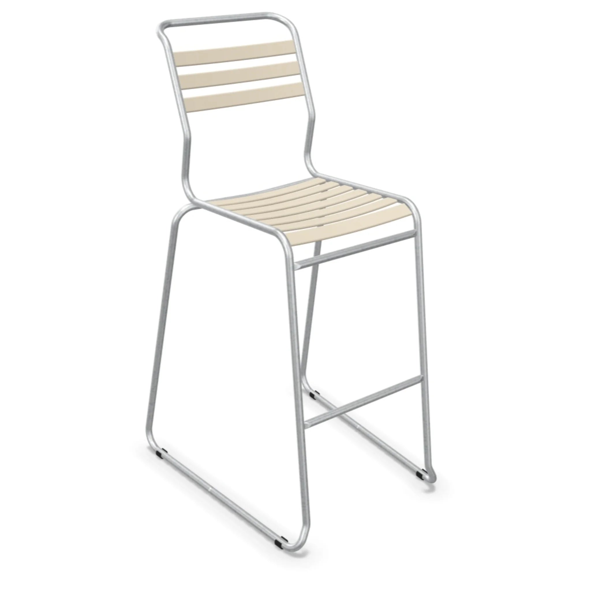 Moderner Barhocker mit Aluminium-Rahmen und hellen Holzleisten, stapelbar, perfekt für Küche und Bar.