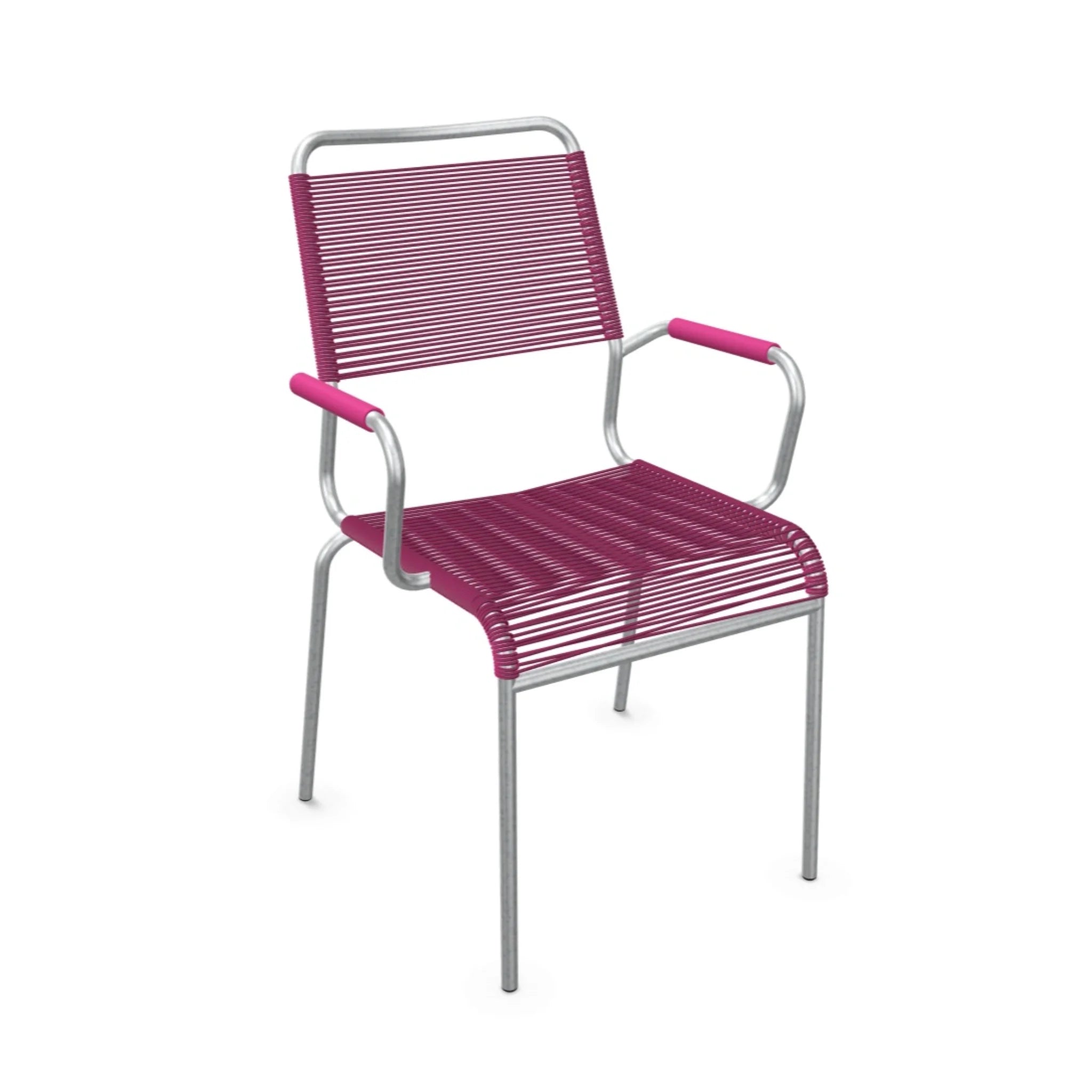 Moderner Gartenstuhl mit Armlehnen in Pink und silbernem Metallgestell, stapelbar und wetterfest.