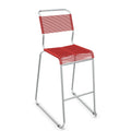 Moderne Barhocker mit rotem Kunststoffsitz und grauem Metallgestell für Küche und Tresen.