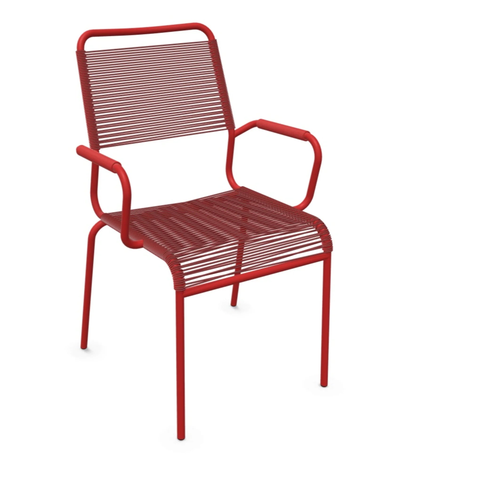 Roter Gartenstuhl mit Armlehnen, modernes Design, wetterfest, stapelbar für Balkon und Terrasse.
